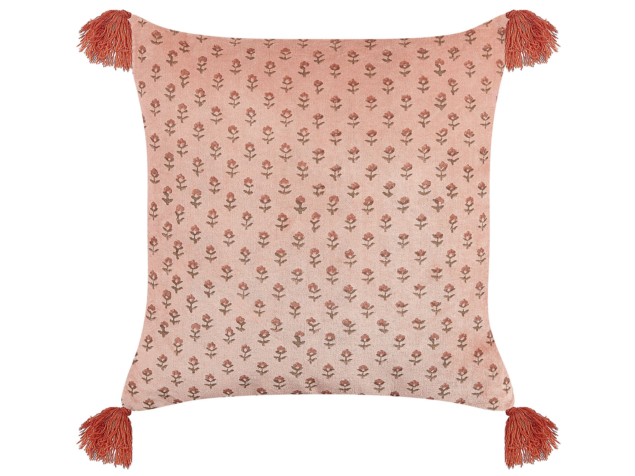 Velvet Cushion Floral Motif with Tassels 45x45cm Pink - Gemini Interiors