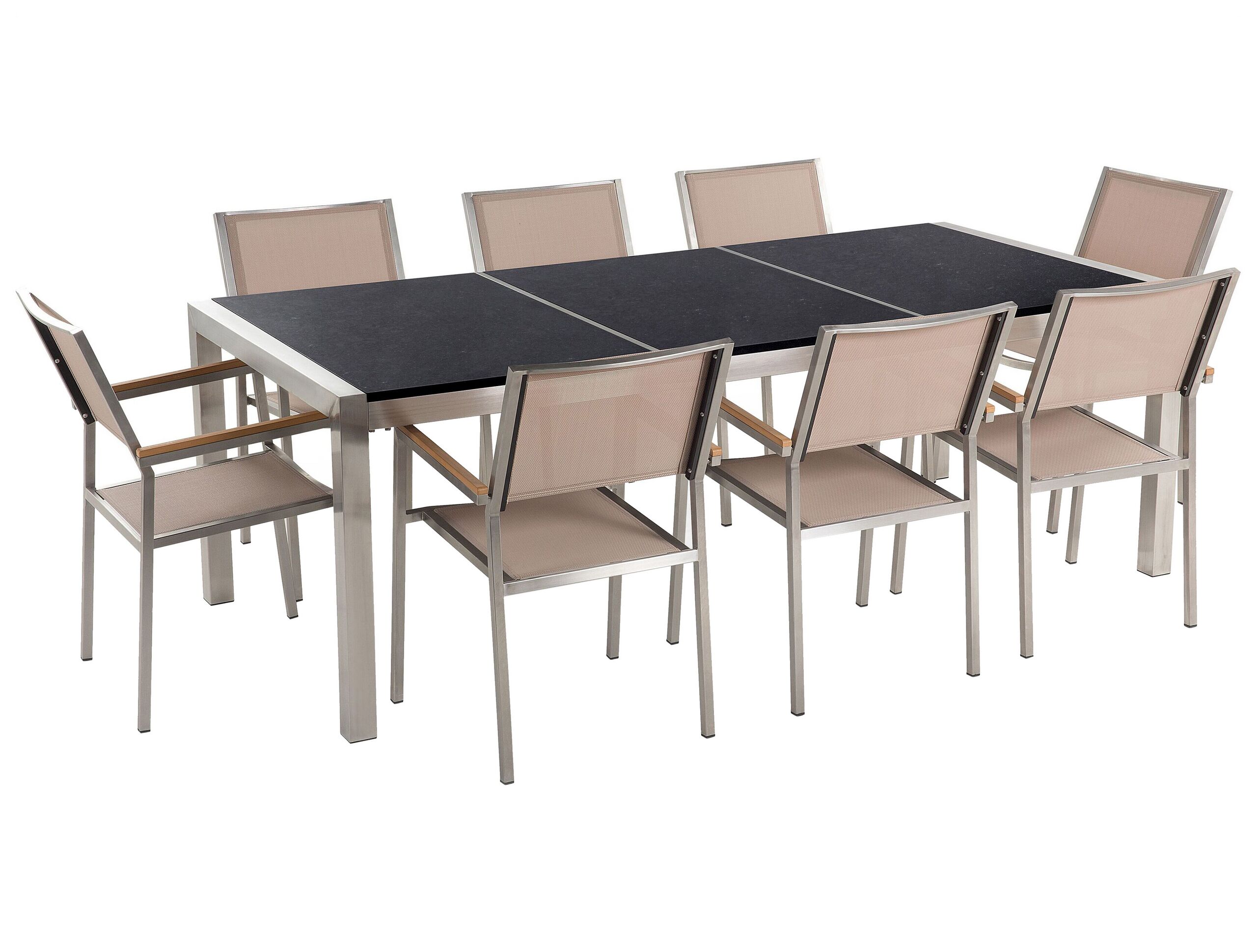 8 Seater Garden Dining Set Black Granite Triple Plate Top and Beige Chairs GROSSETO - Gemini Interiors