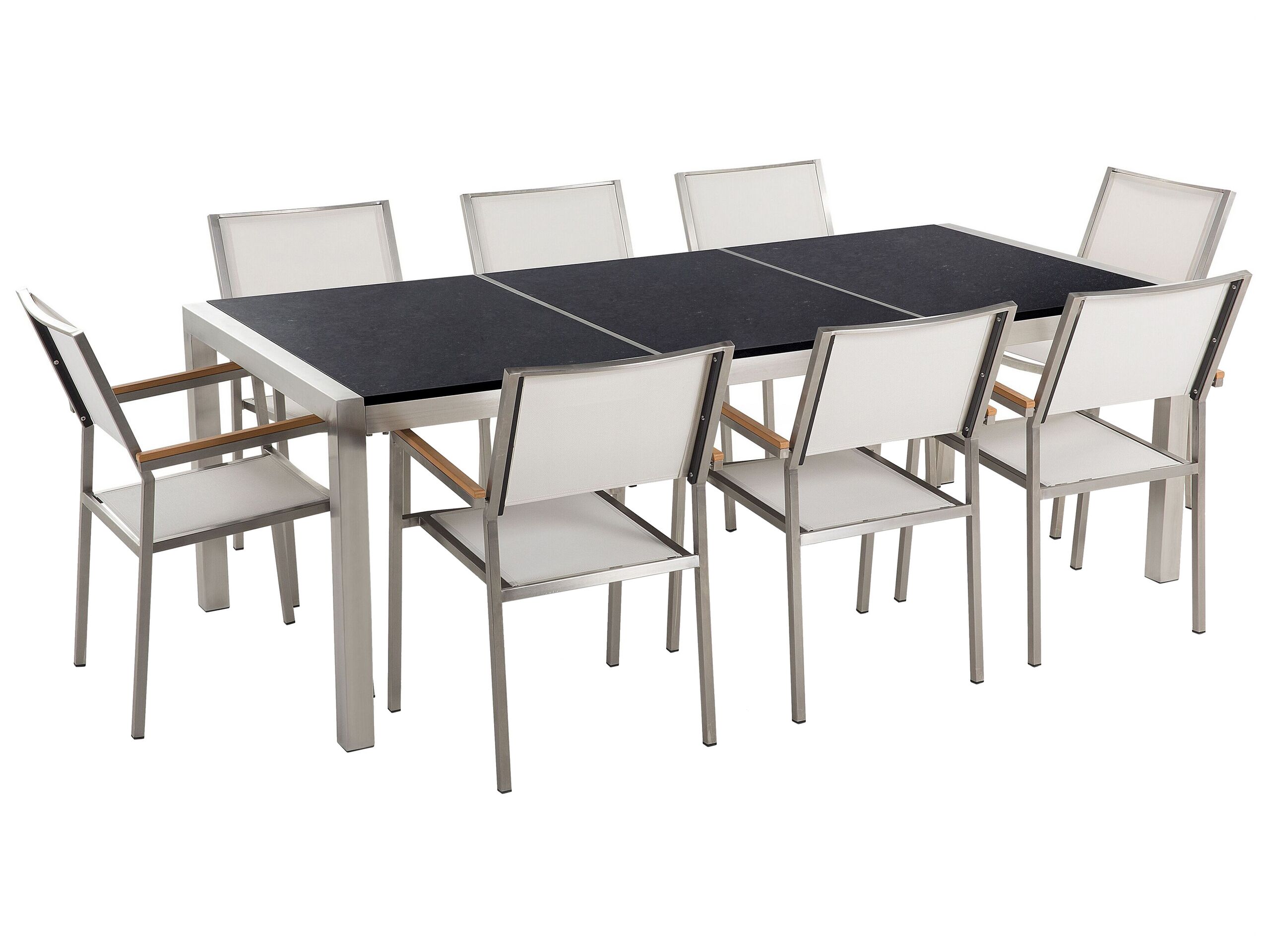 8 Seater Garden Dining Set Black Granite Triple Plate Top and White Chairs GROSSETO - Gemini Interiors