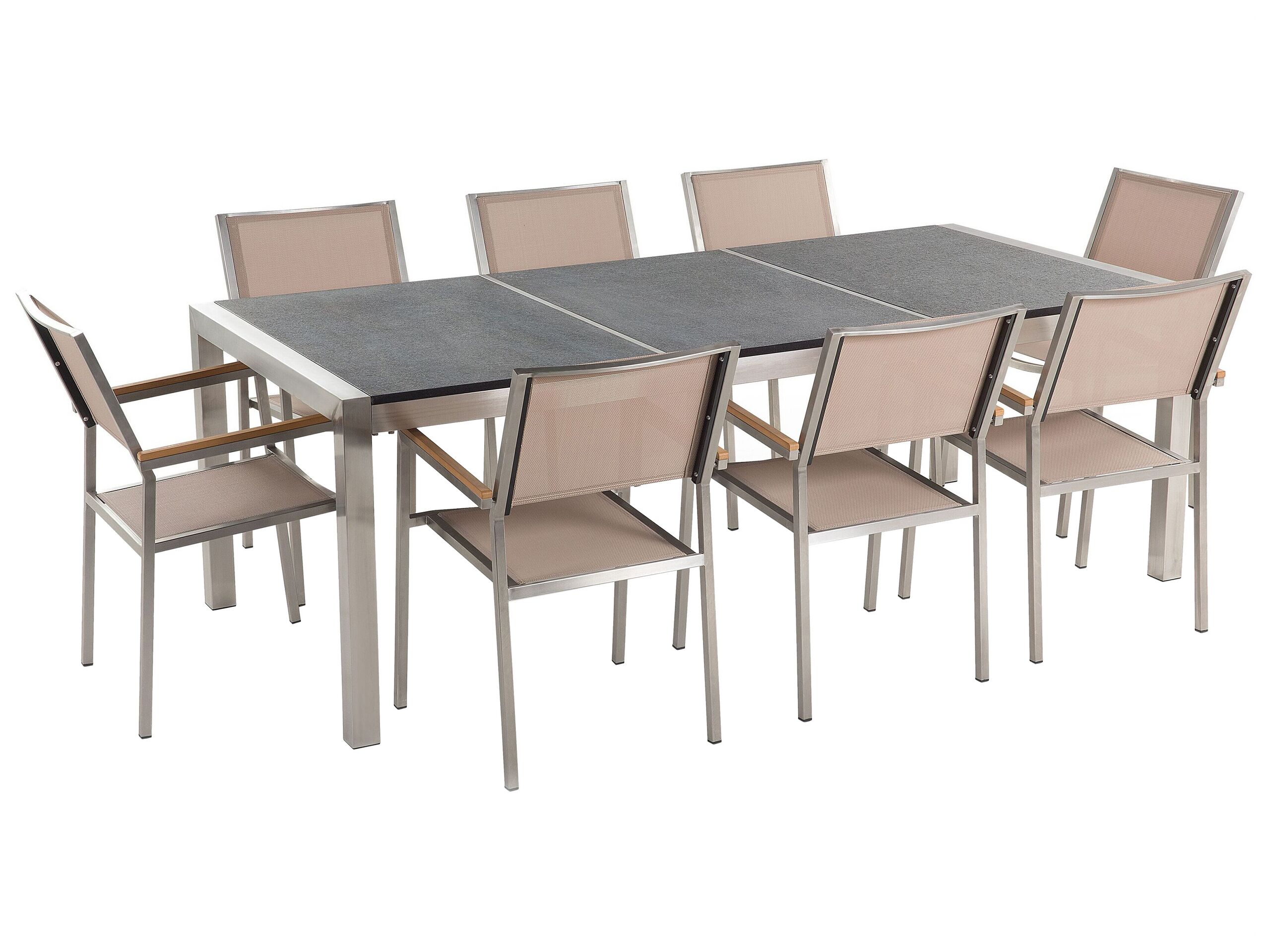8 Seater Garden Dining Set Black Granite Triple Plate Top with Beige Chairs GROSSETO - Gemini Interiors