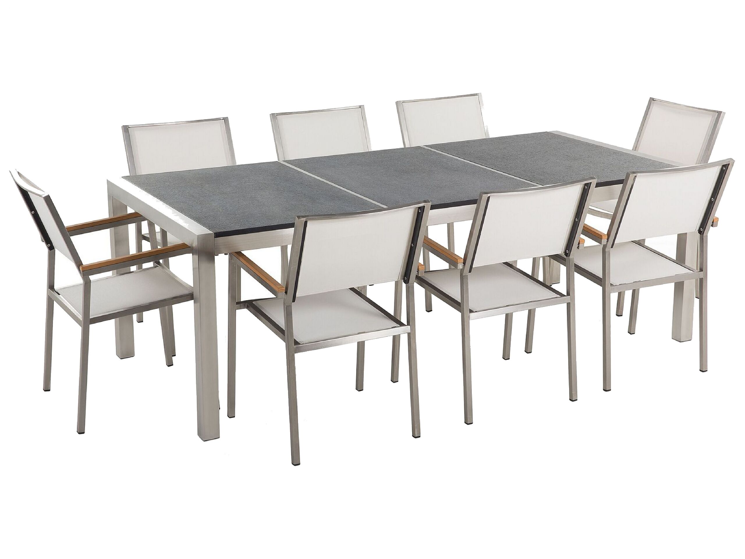 8 Seater Garden Dining Set Black Granite Triple Plate Top with White Chairs GROSSETO - Gemini Interiors