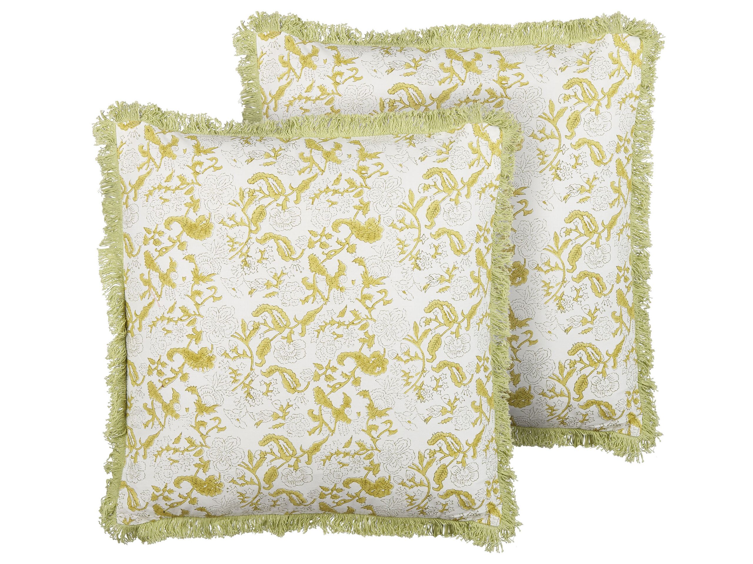 Set of 2 Cotton Cushions Flower Pattern 45x45cm Green and White - Gemini Interiors