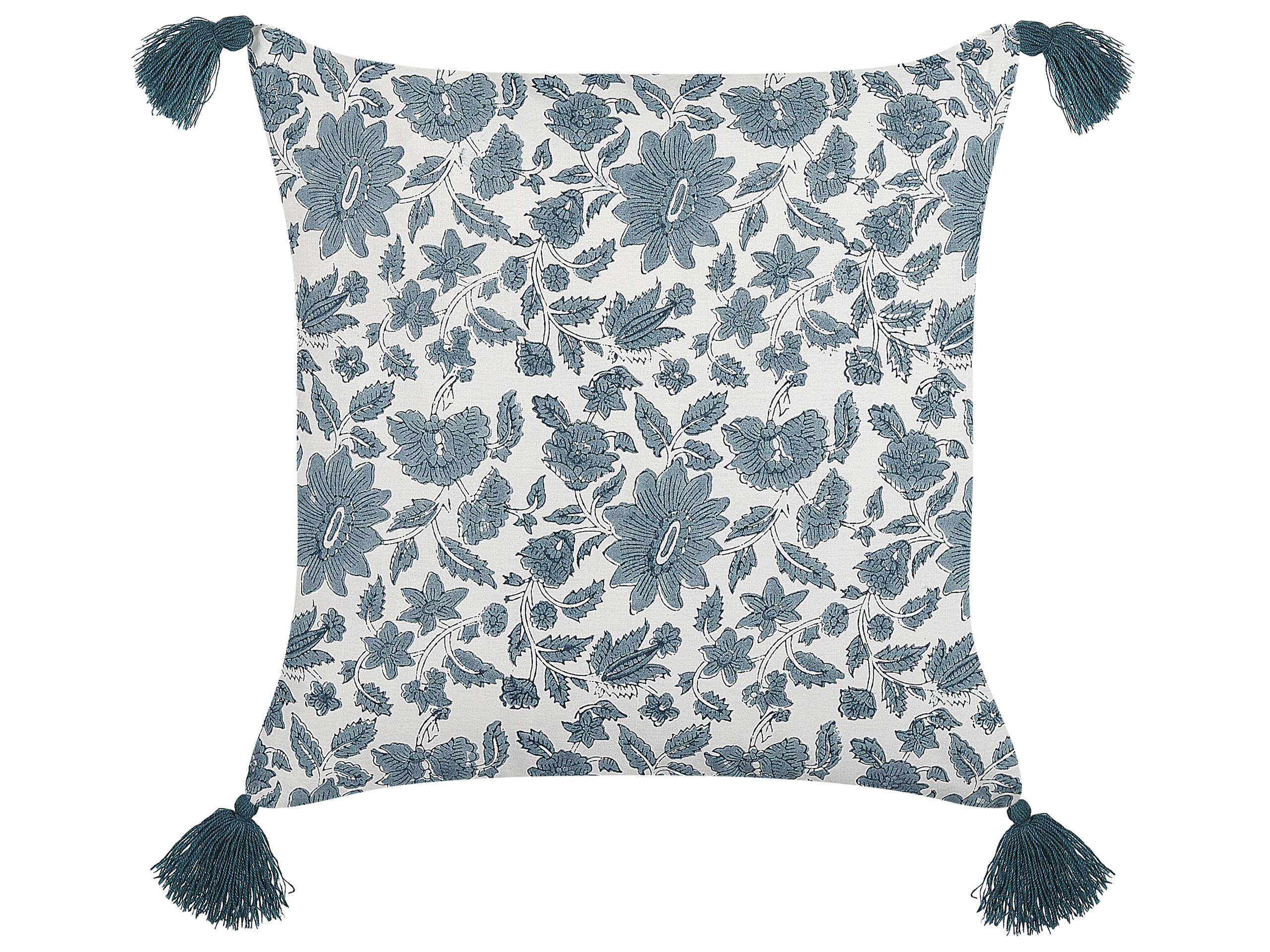 Cotton Cushion Floral Pattern with Tassels 45x45cm White and Blue - Gemini Interiors