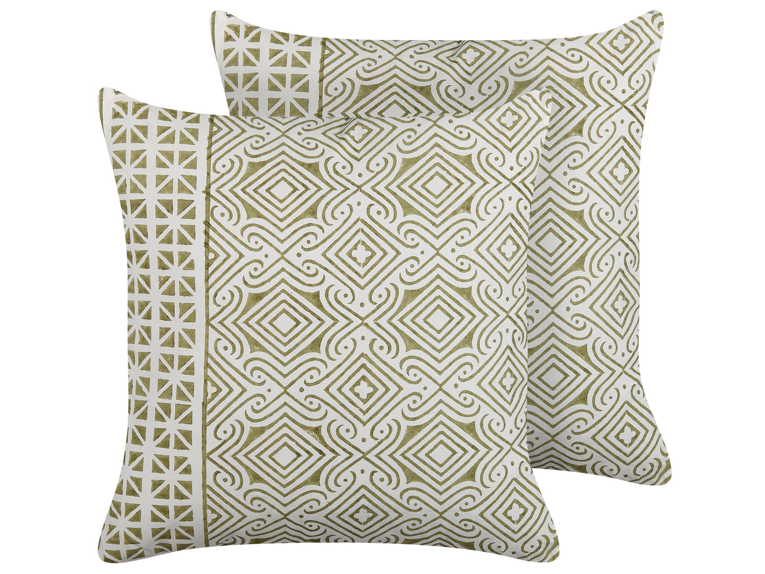 Set of 2 Cotton Cushions Oriental Pattern 45x45cm Green and White - Gemini Interiors