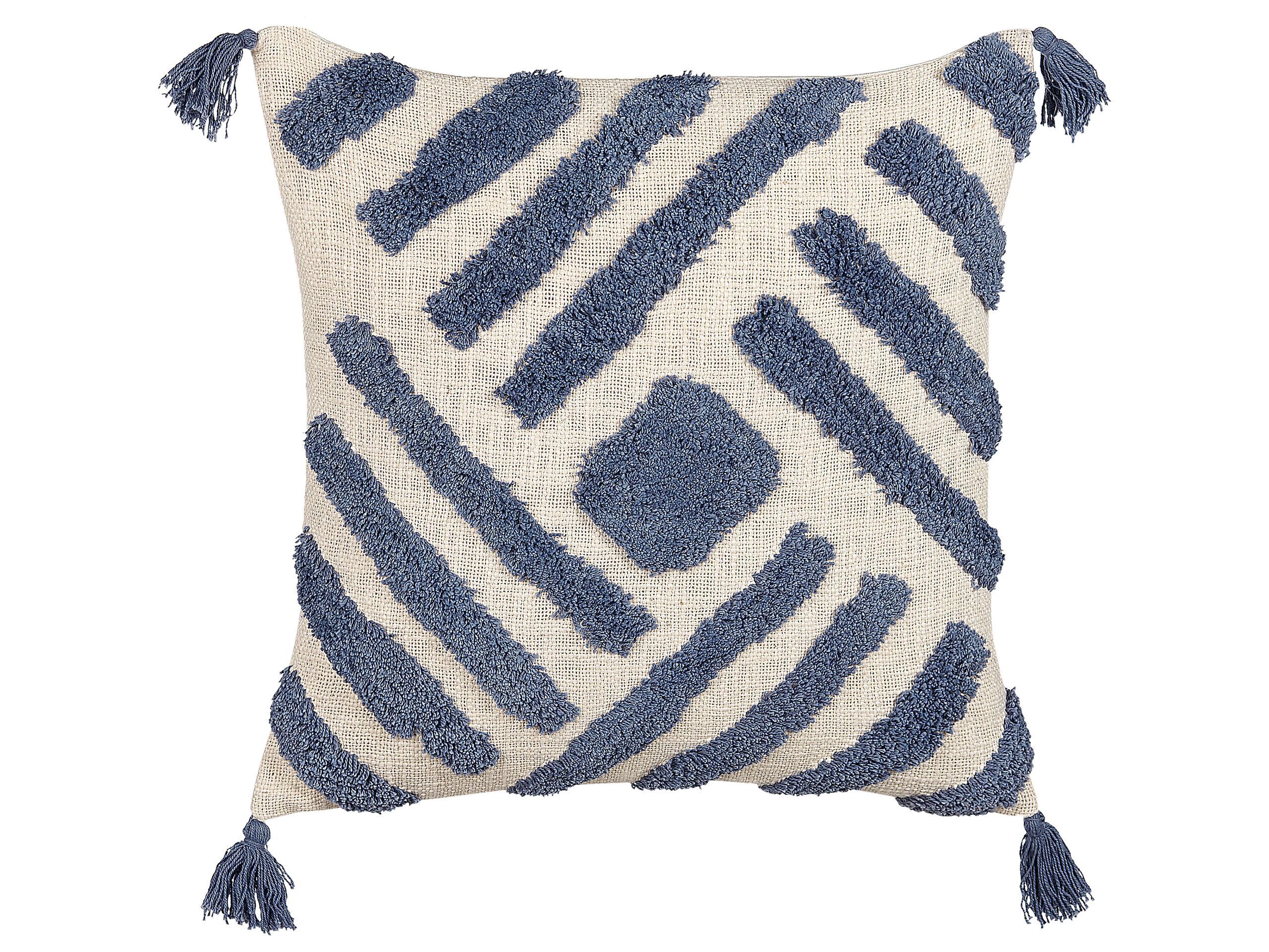 Tufted Cotton Cushion with Tassels 45x45cm Beige and Blue - Gemini Interiors