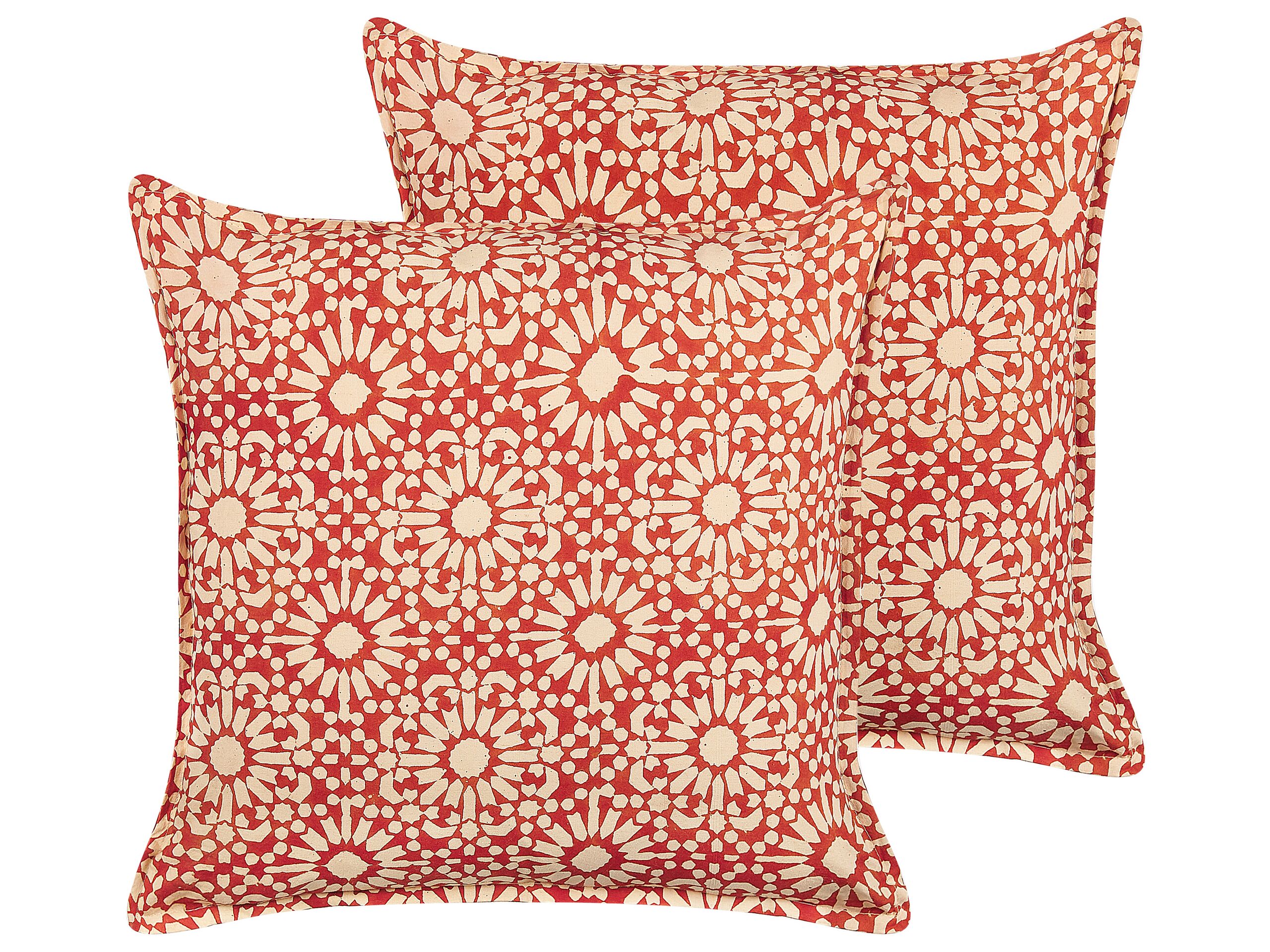 Set of 2 Cotton Cushions Geometric Pattern 45x45cm Red - Gemini Interiors