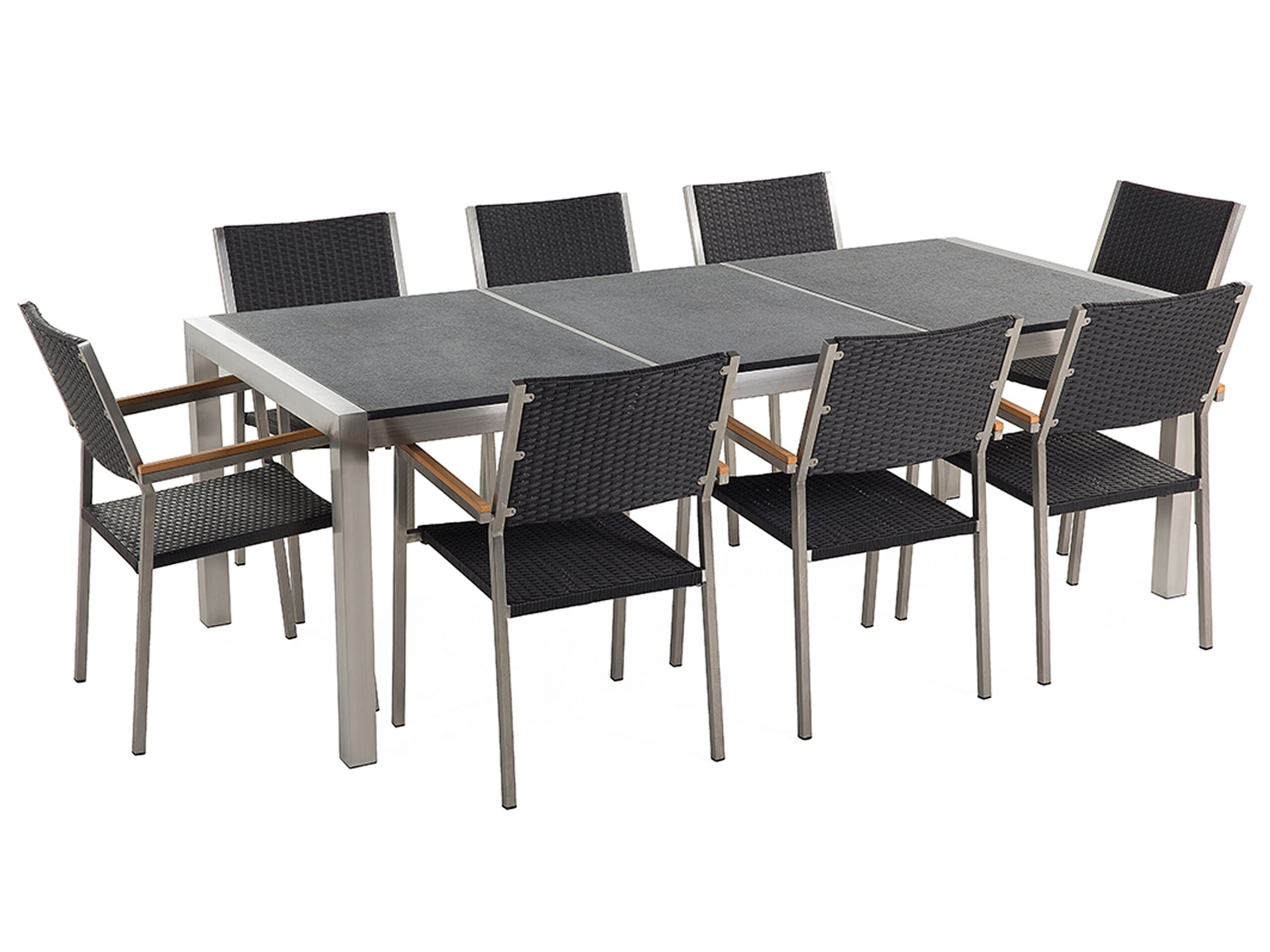 8 Seater Garden Dining Set Black Granite Triple Plate Top with Black Rattan Chairs GROSSETO - Gemini Interiors