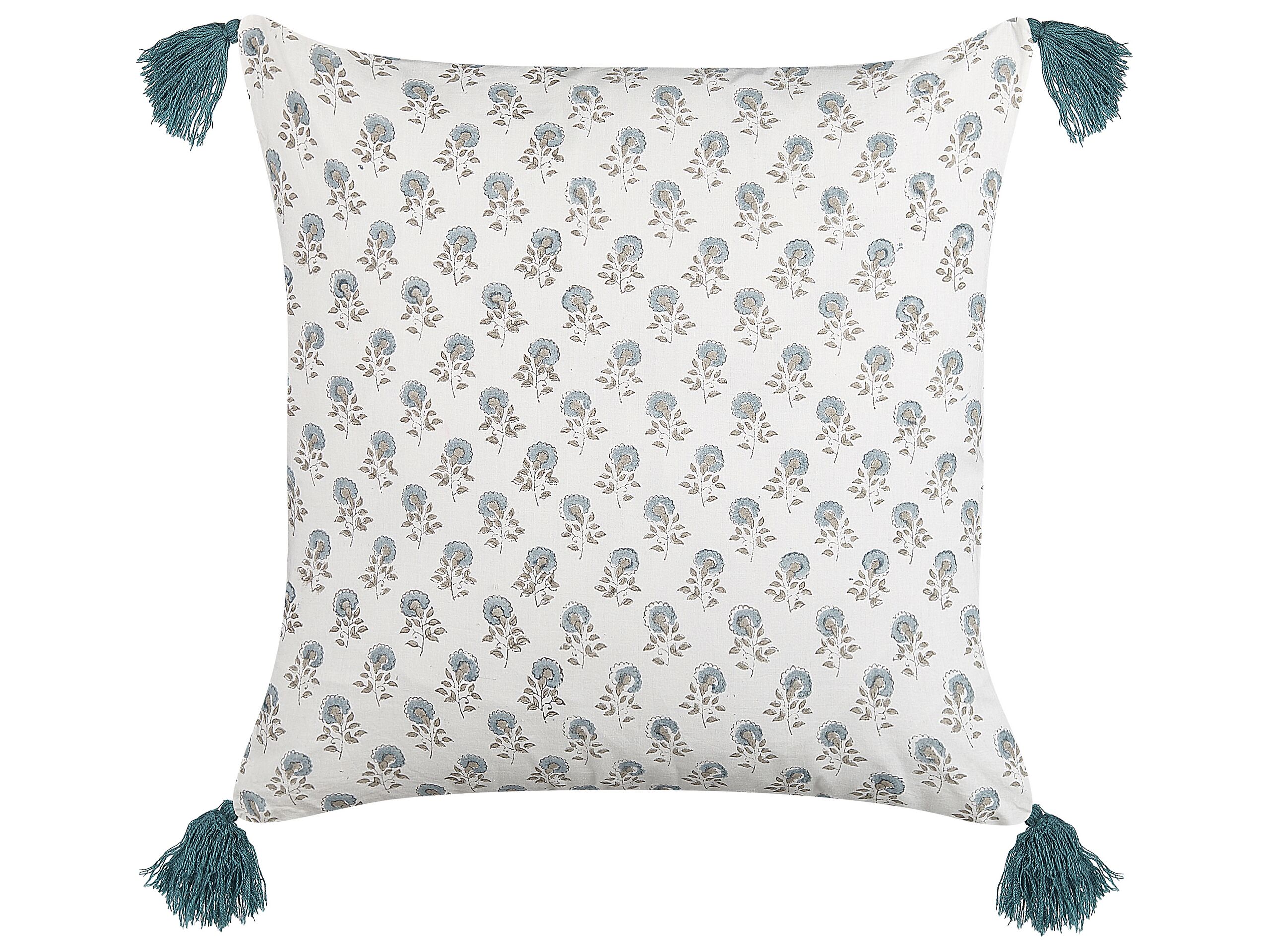 Cotton Cushion Floral Pattern with Tassels 45x45cm White and Blue - Gemini Interiors
