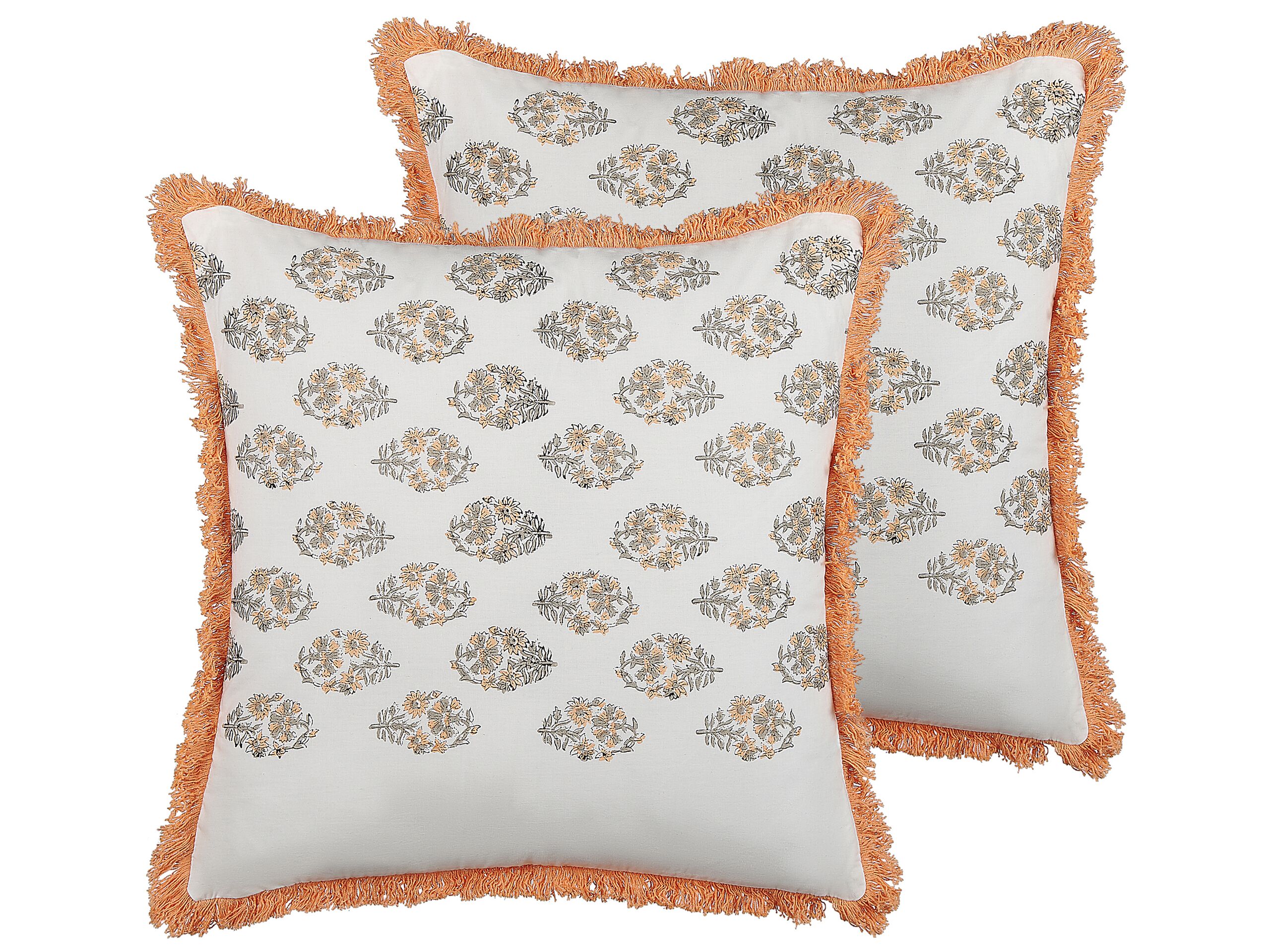 Set of 2 Fringed Cotton Cushions Floral Pattern 45x45cm White and Orange - Gemini Interiors