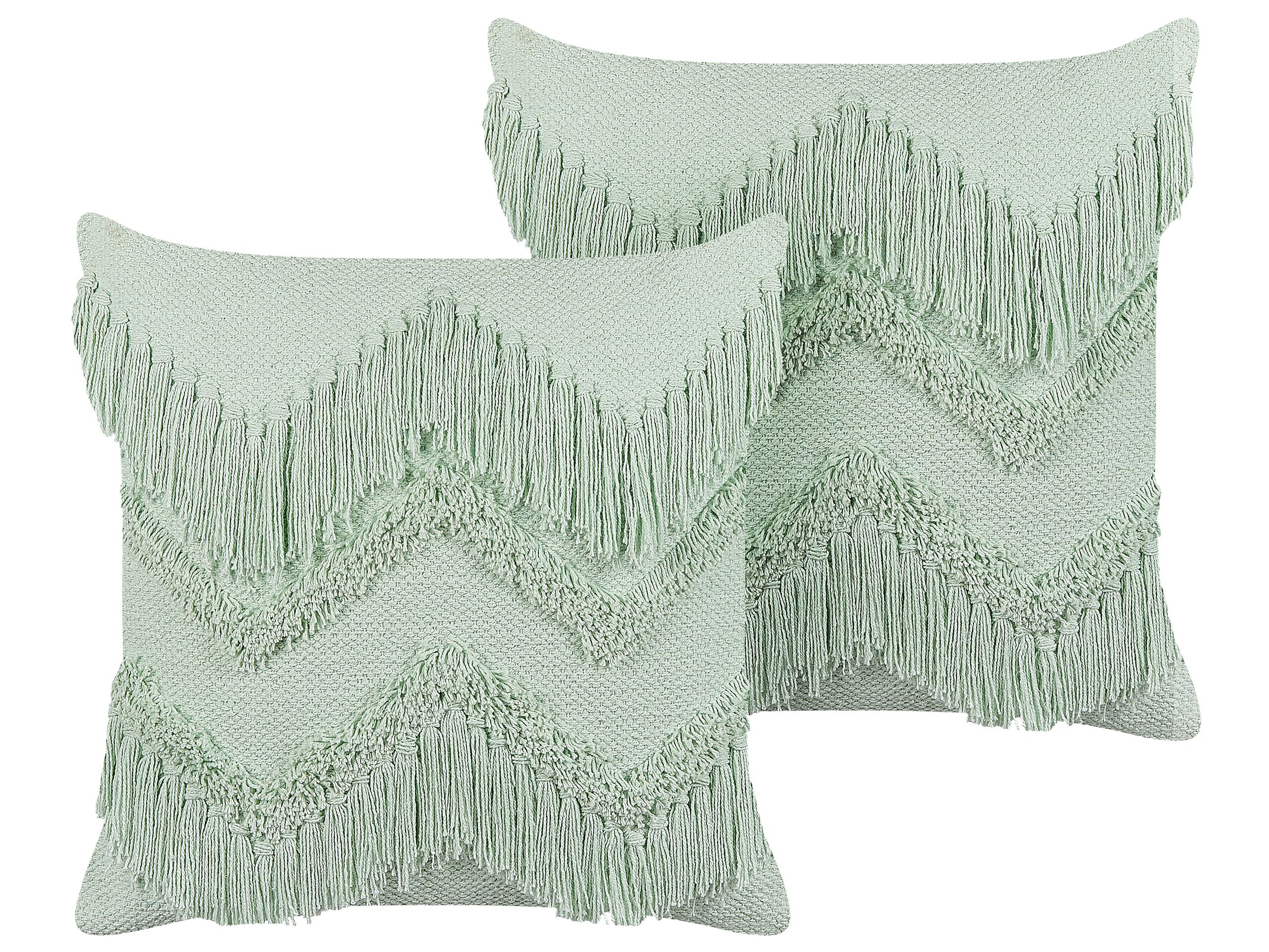Set of 2 Cotton Cushions with Tassels 45x45cm Light Green - Gemini Interiors