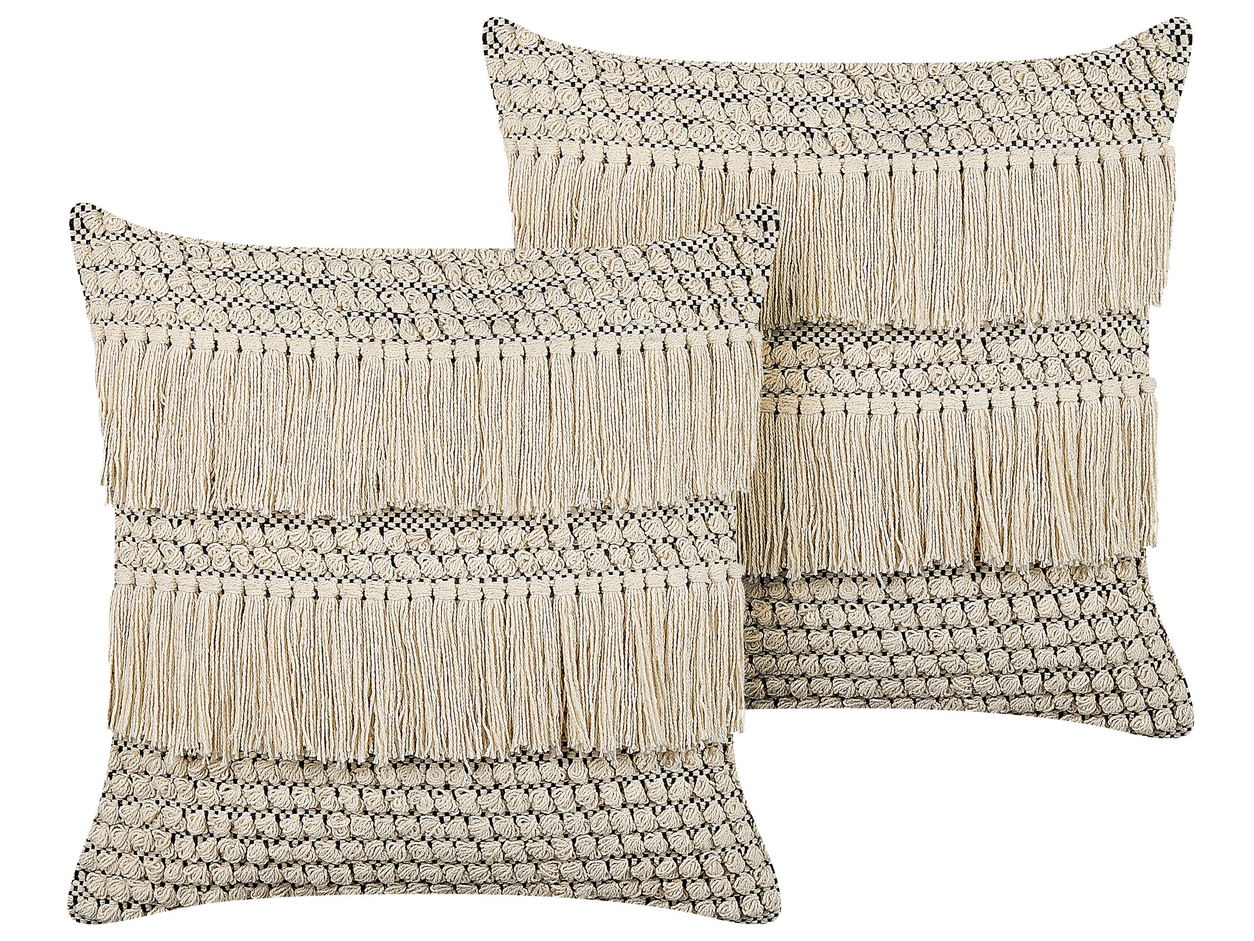 Set of 2 Cotton Cushions with Tassels 45x45cm Beige - Gemini Interiors