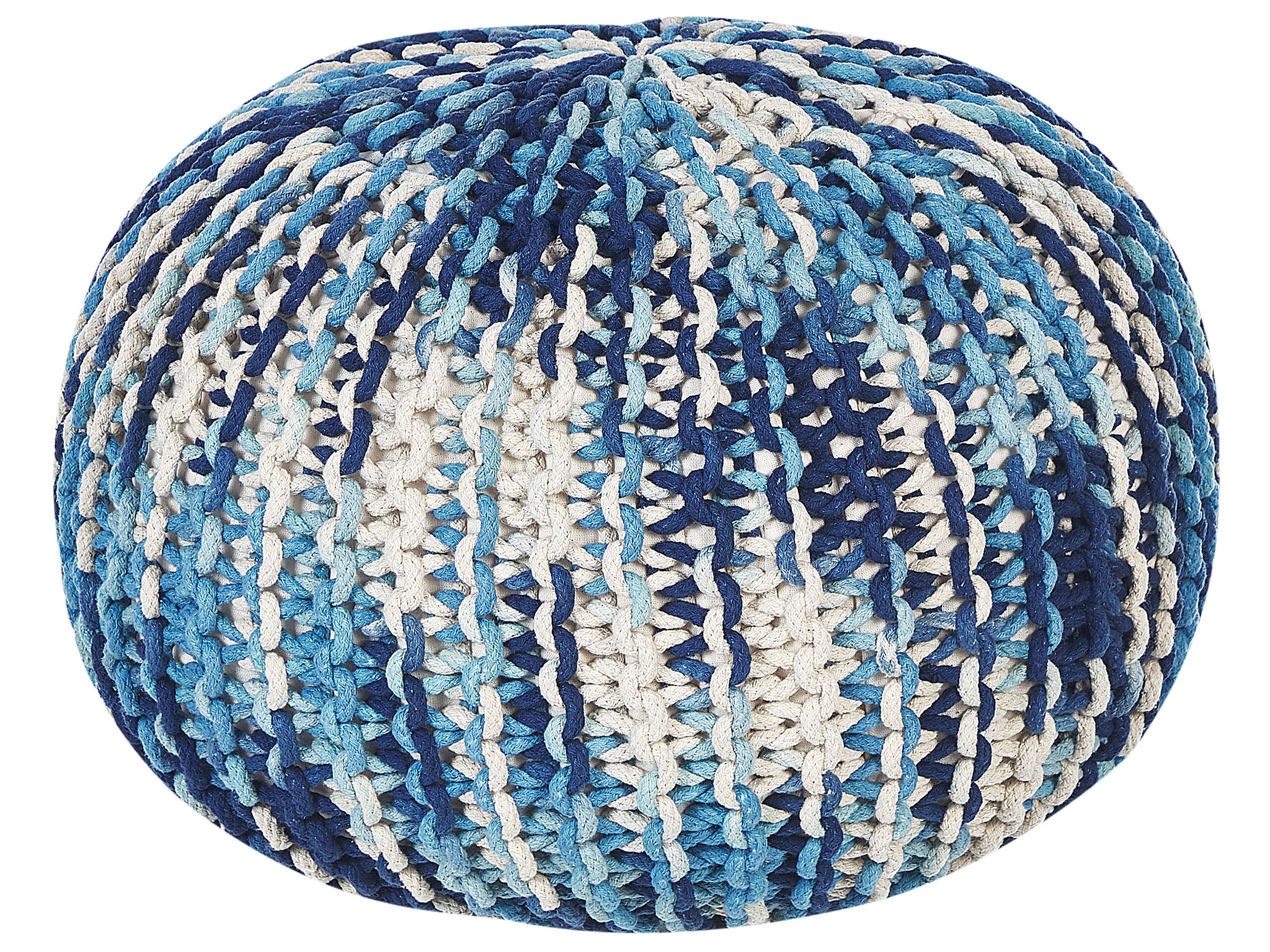 Cotton Knitted Pouffe 50 x 35 cm White and Blue CONRAD - Gemini Interiors