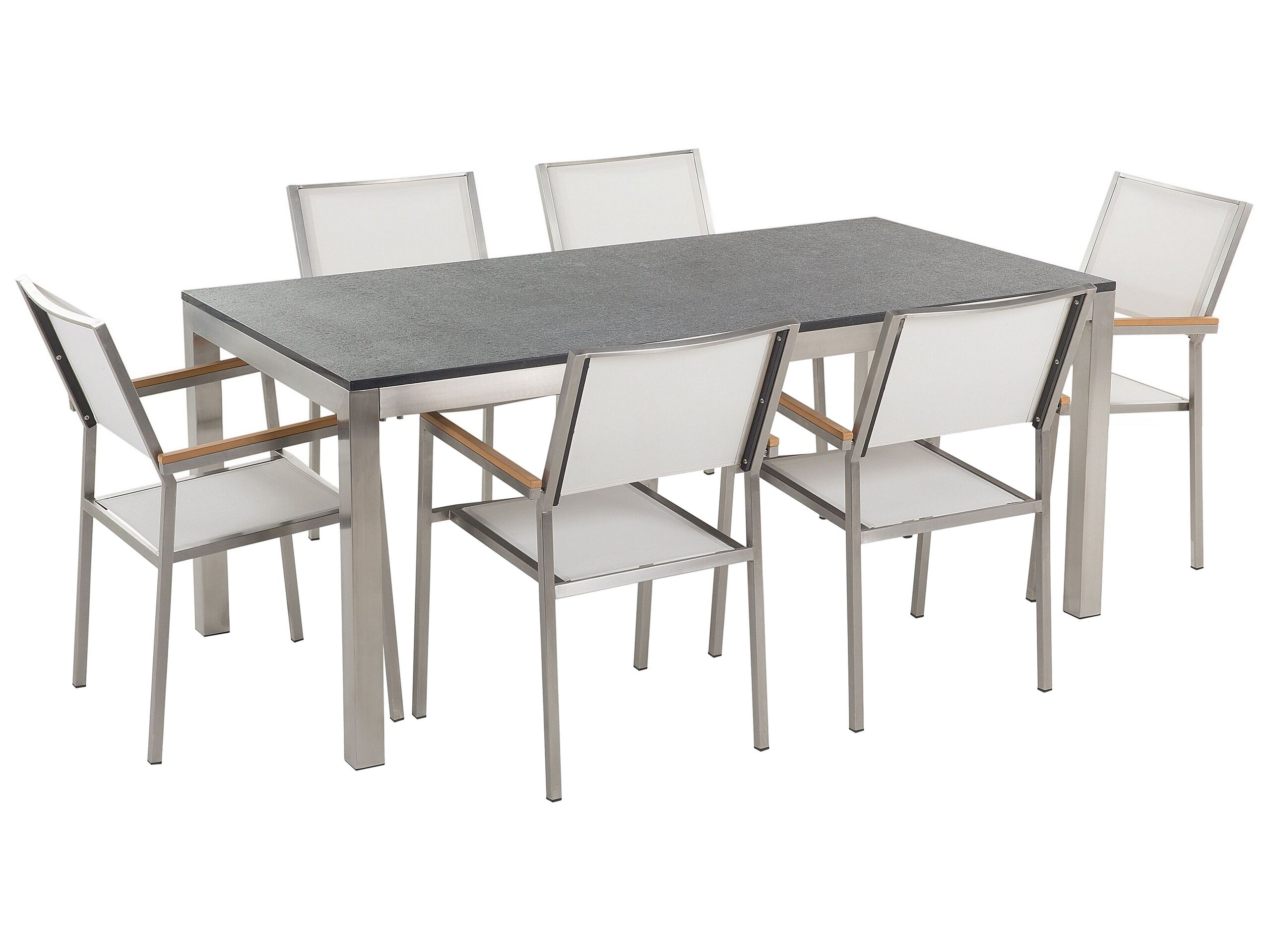 6 Seater Garden Dining Set Black Granite Top with White Chairs GROSSETO - Gemini Interiors