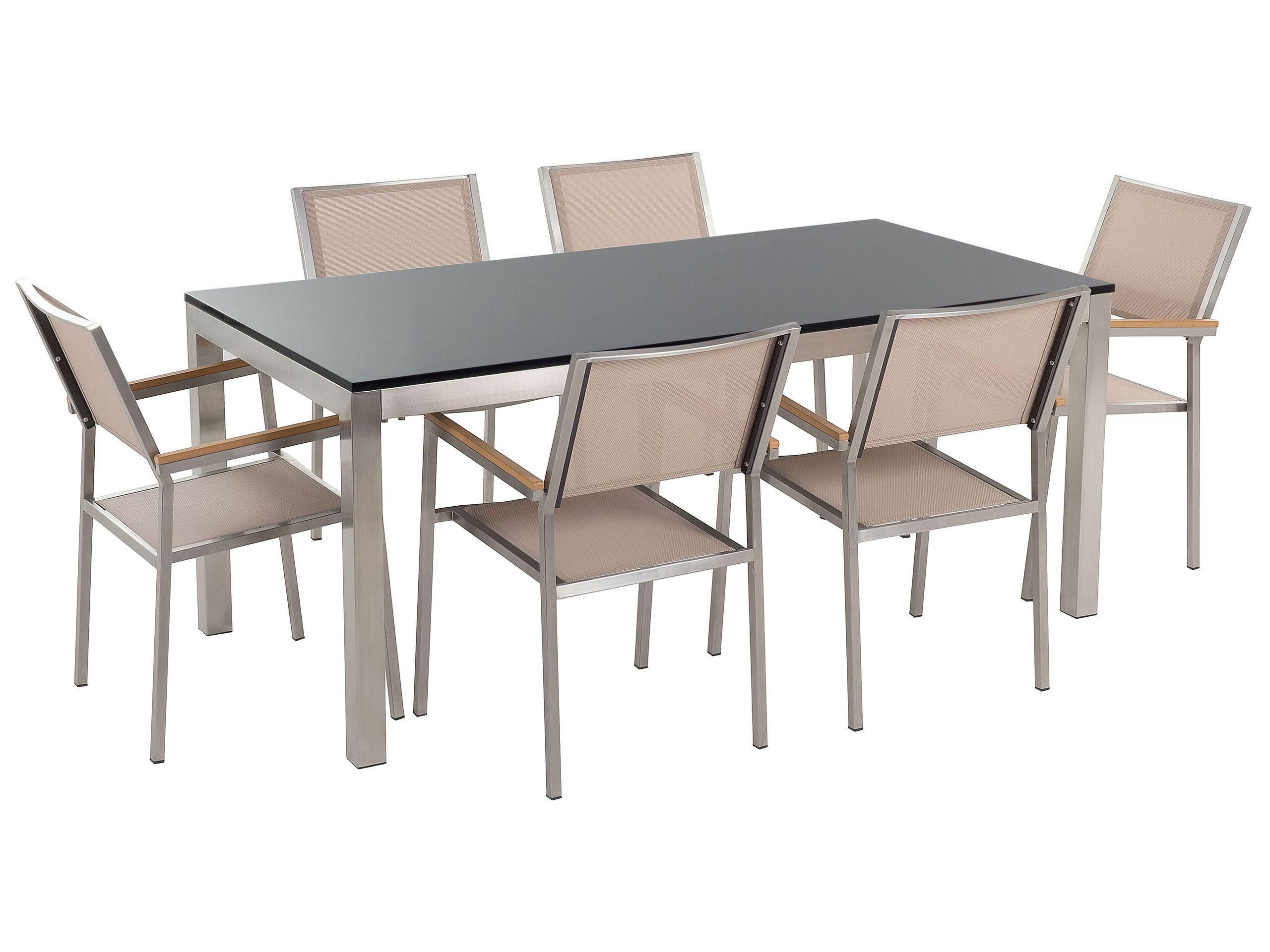 6 Seater Garden Dining Set Black Granite Top with Beige Chairs GROSSETO - Gemini Interiors