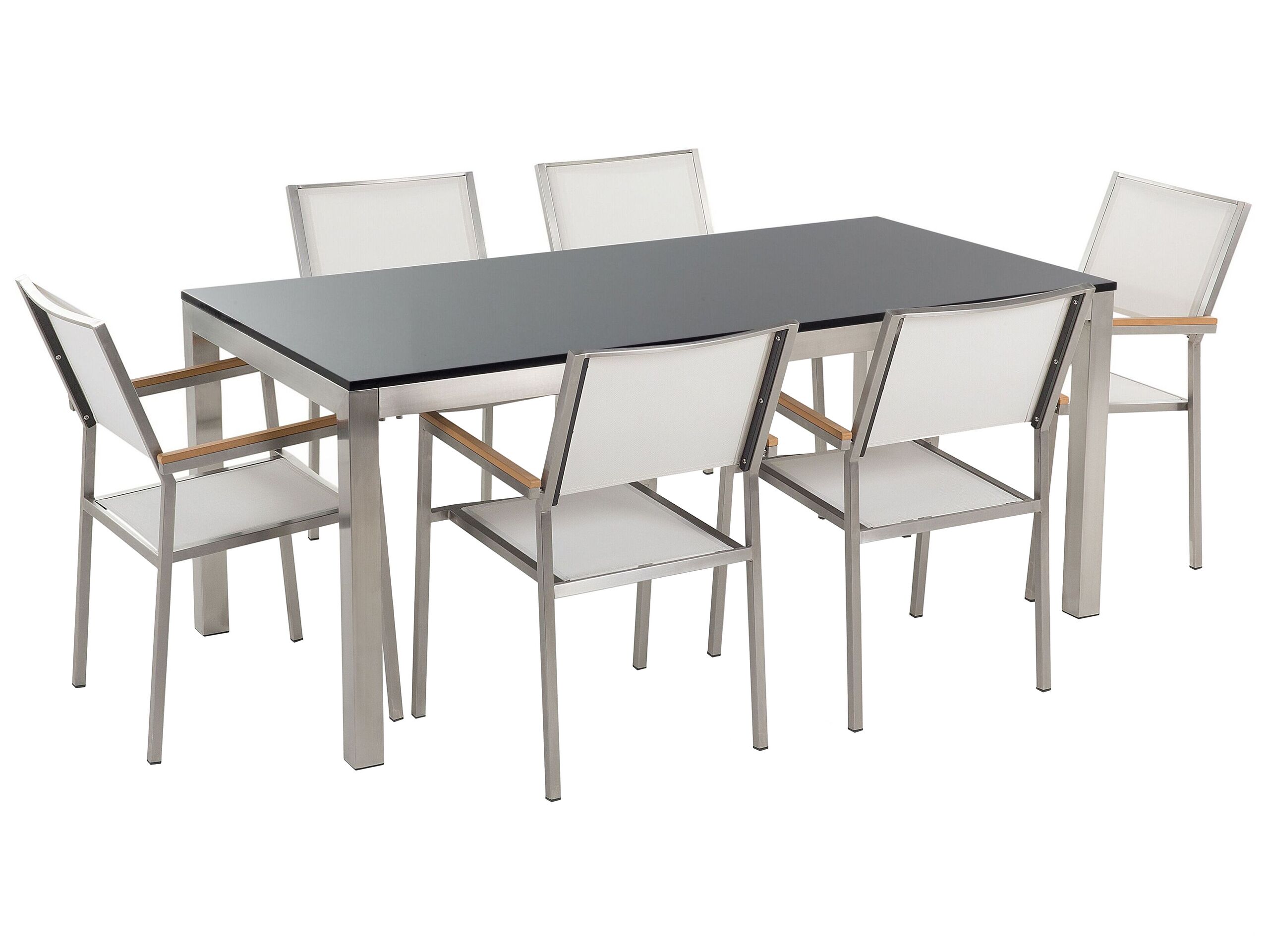 6 Seater Garden Dining Set Flamed Granite Top with White Chairs GROSSETO - Gemini Interiors