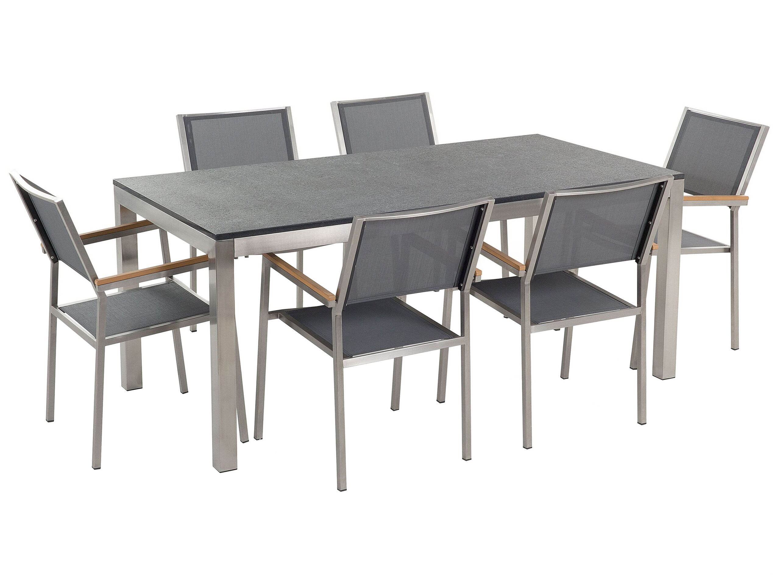 6 Seater Garden Dining Set Flamed Granite Top with Grey Chairs GROSSETO - Gemini Interiors