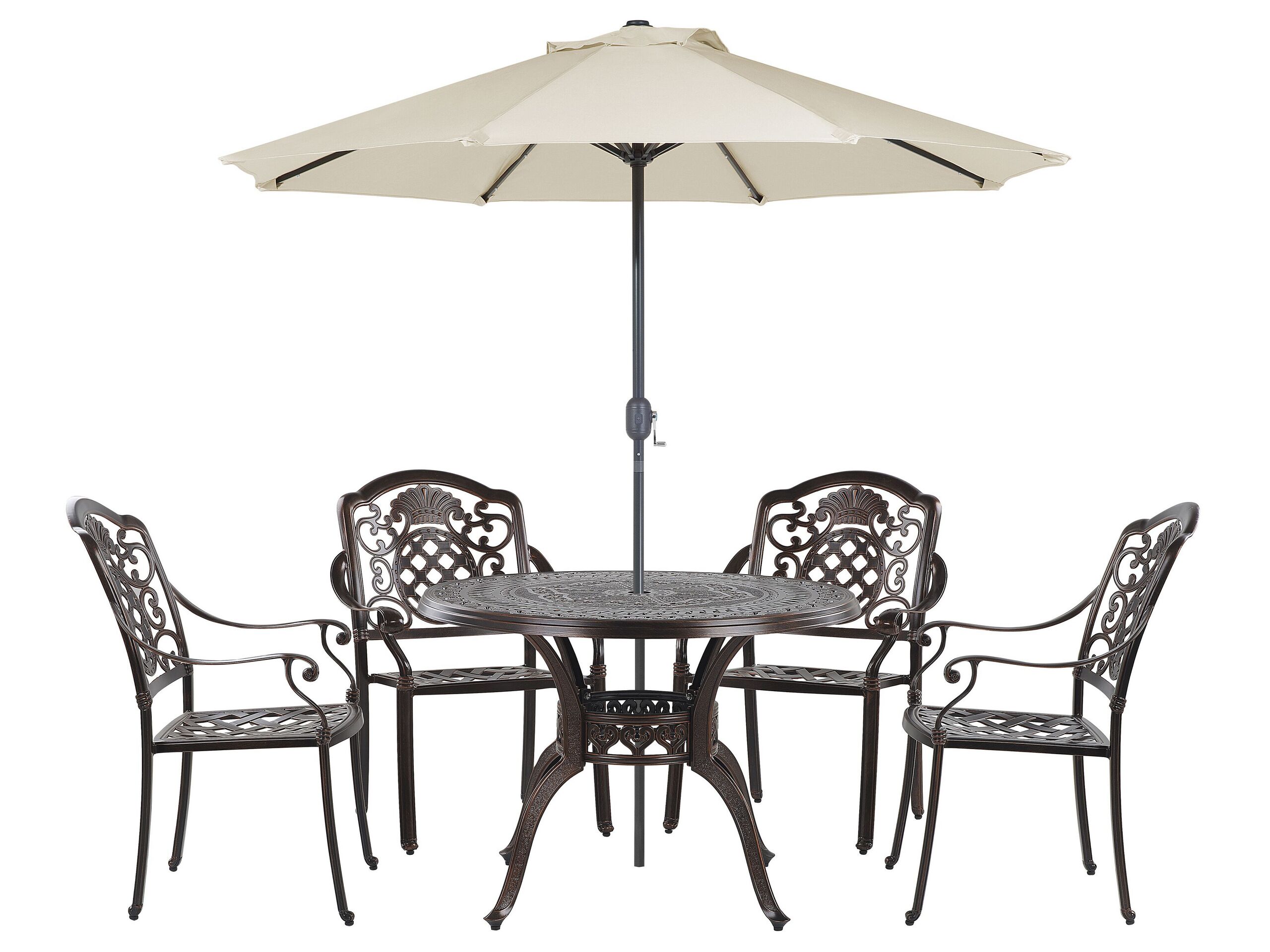 4 Seater Metal Garden Dining Set Brown SALENTO with Parasol (16 Options) - Gemini Interiors