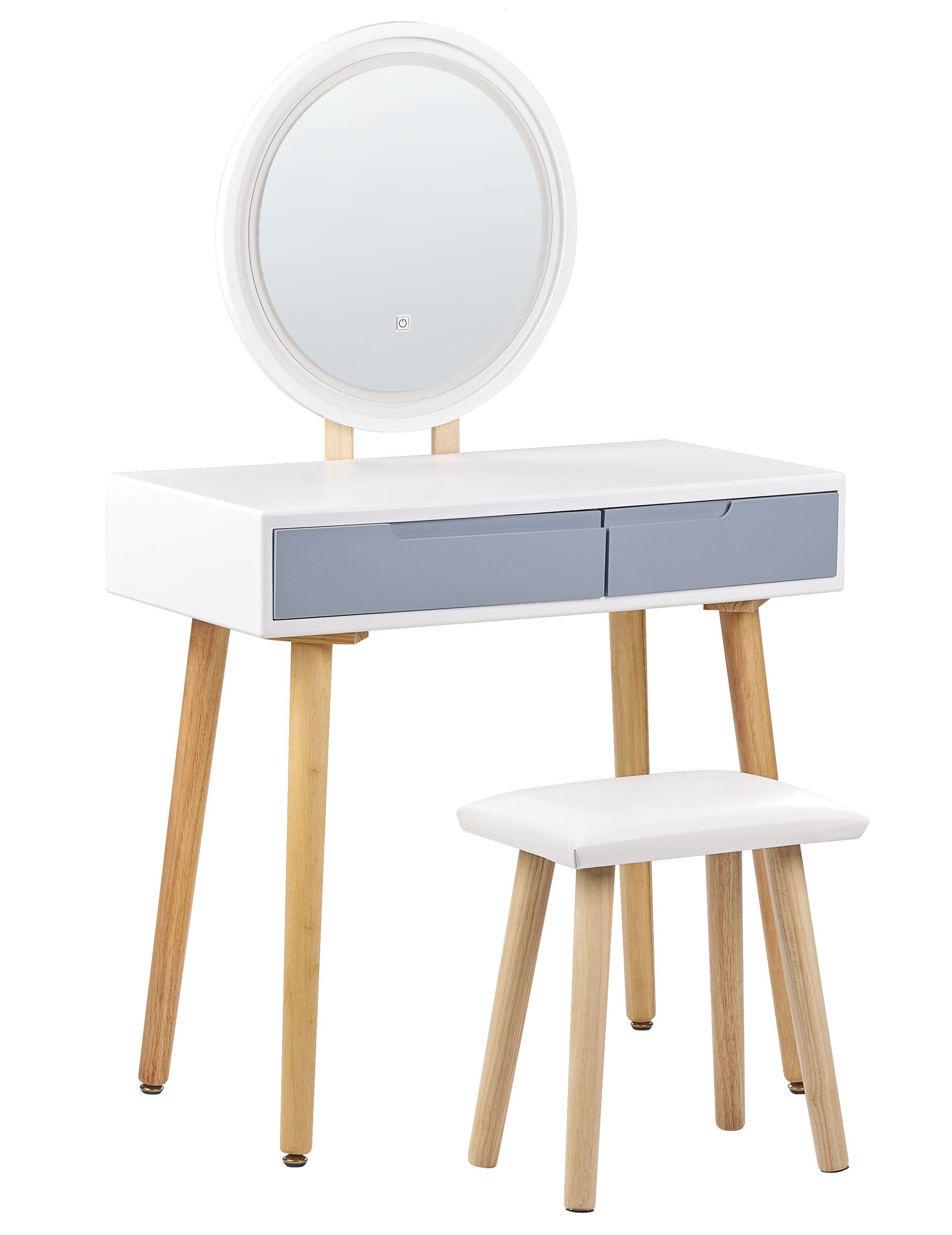 Dressing Table - HUNZA 2 Drawer Dresser White and Grey - Round Mirror 80cm - Gemini Interiors
