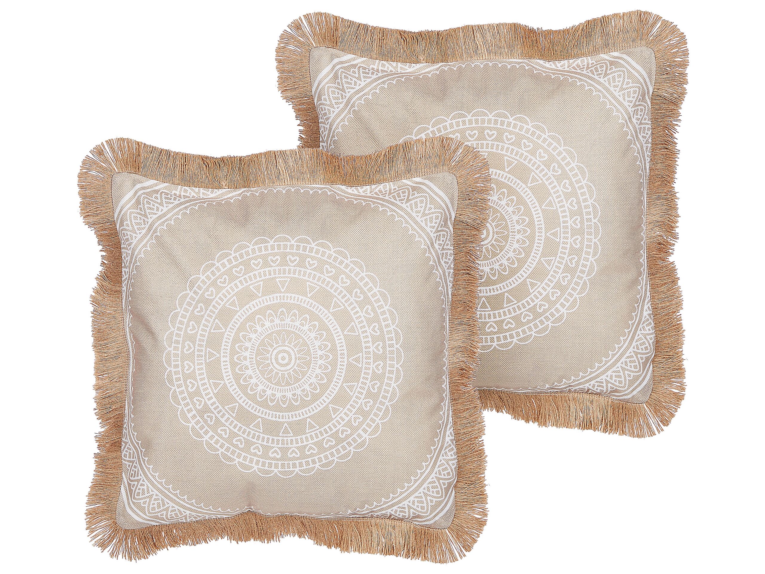 Set of 2 Cushions Boho Motif 45x45cm Beige and White - Gemini Interiors