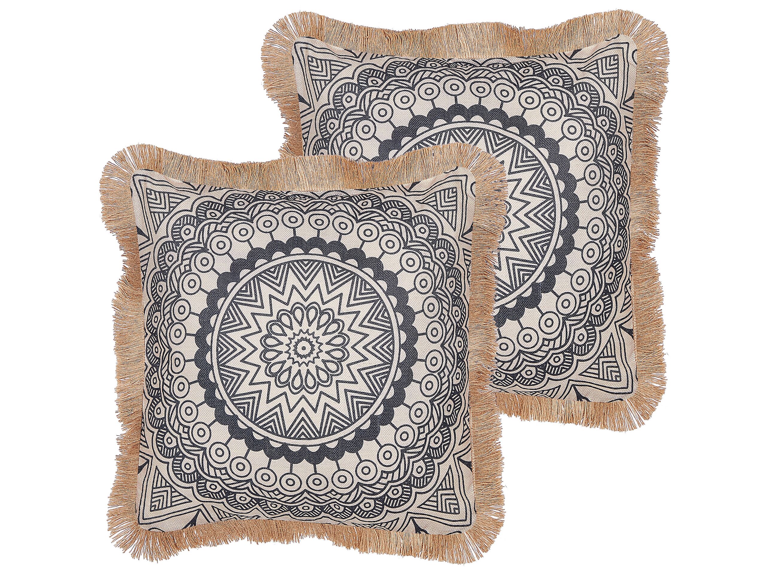 Set of 2 Cushions Boho Motif 45x45cm Black and Beige - Gemini Interiors