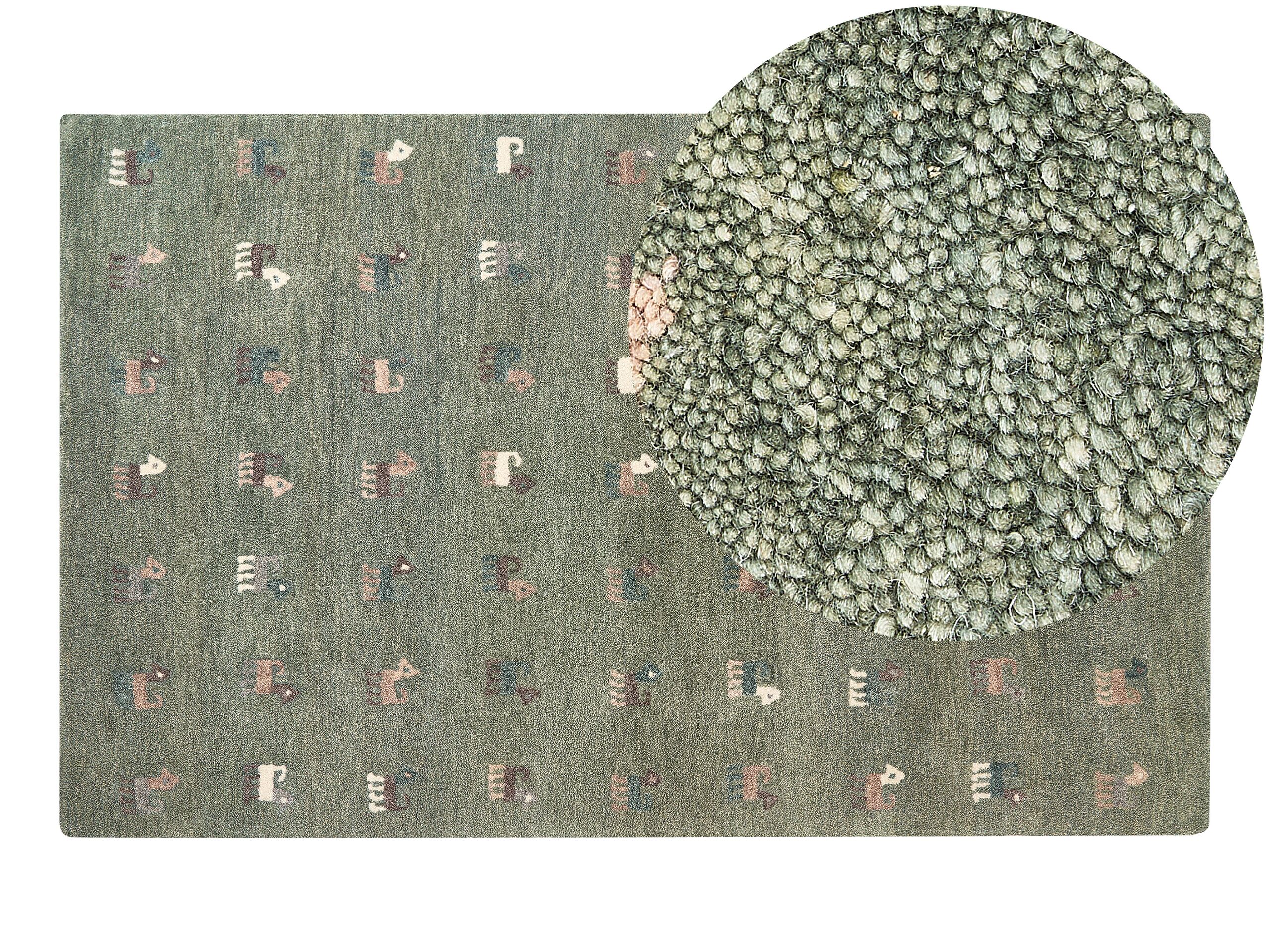 Wool Gabbeh Area Rug with Animal Motif 140x200cm Green - Gemini Interiors