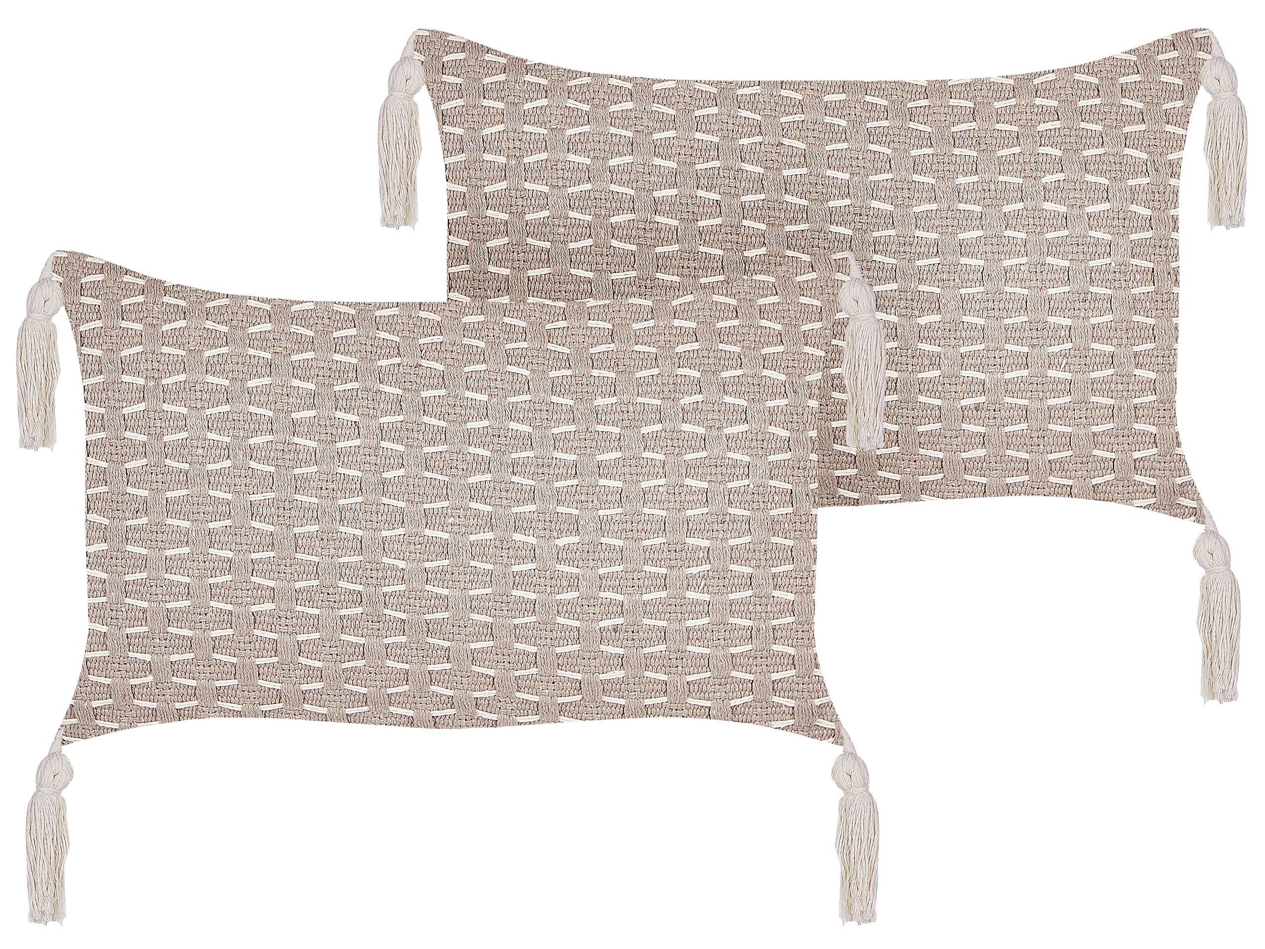Set of 2 Cushions Geometric Pattern with Tassels 25x45cm Taupe - Gemini Interiors