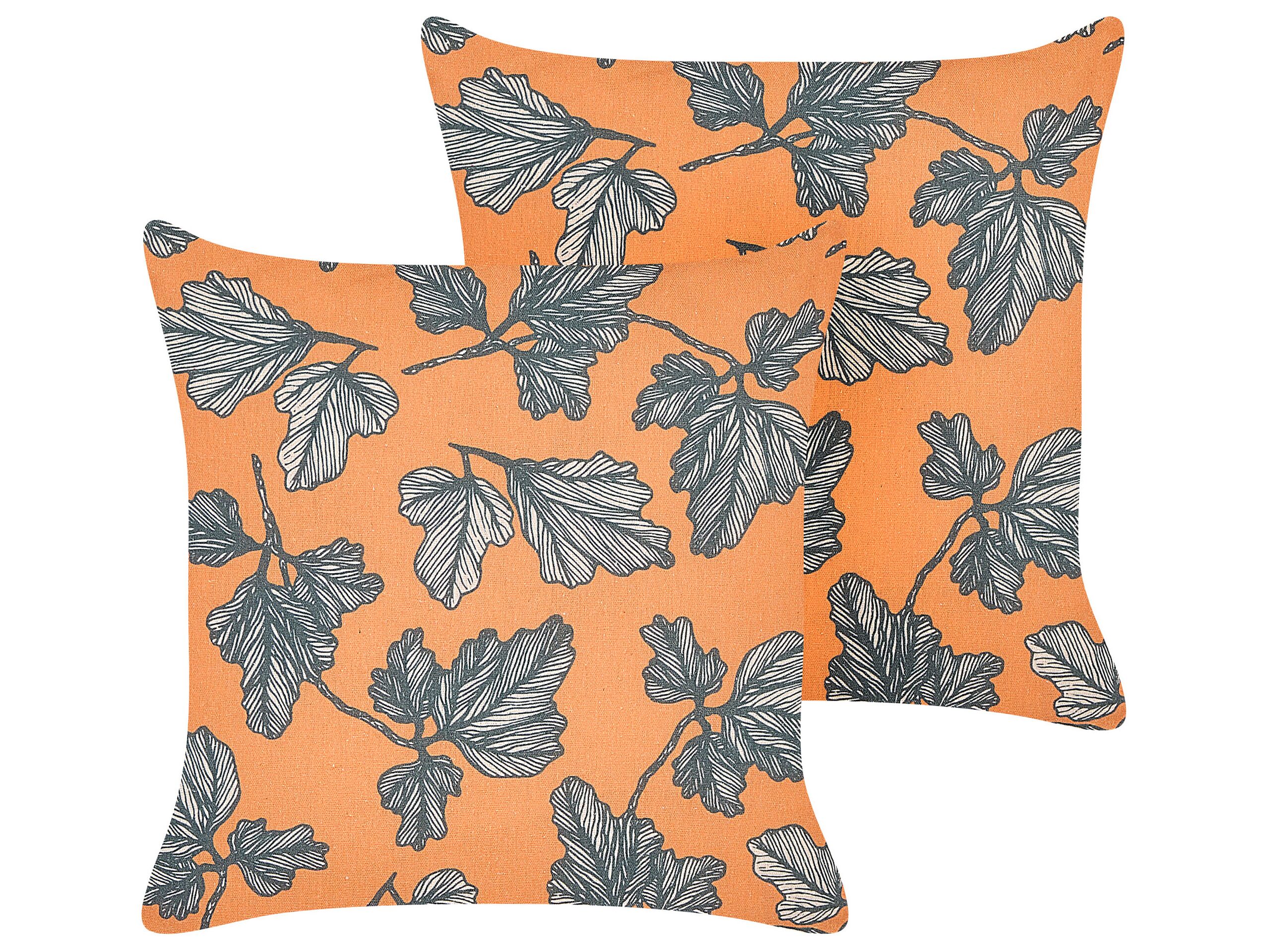 Set of 2 Cushions Leaf Motif 45x45cm Orange and Black - Gemini Interiors