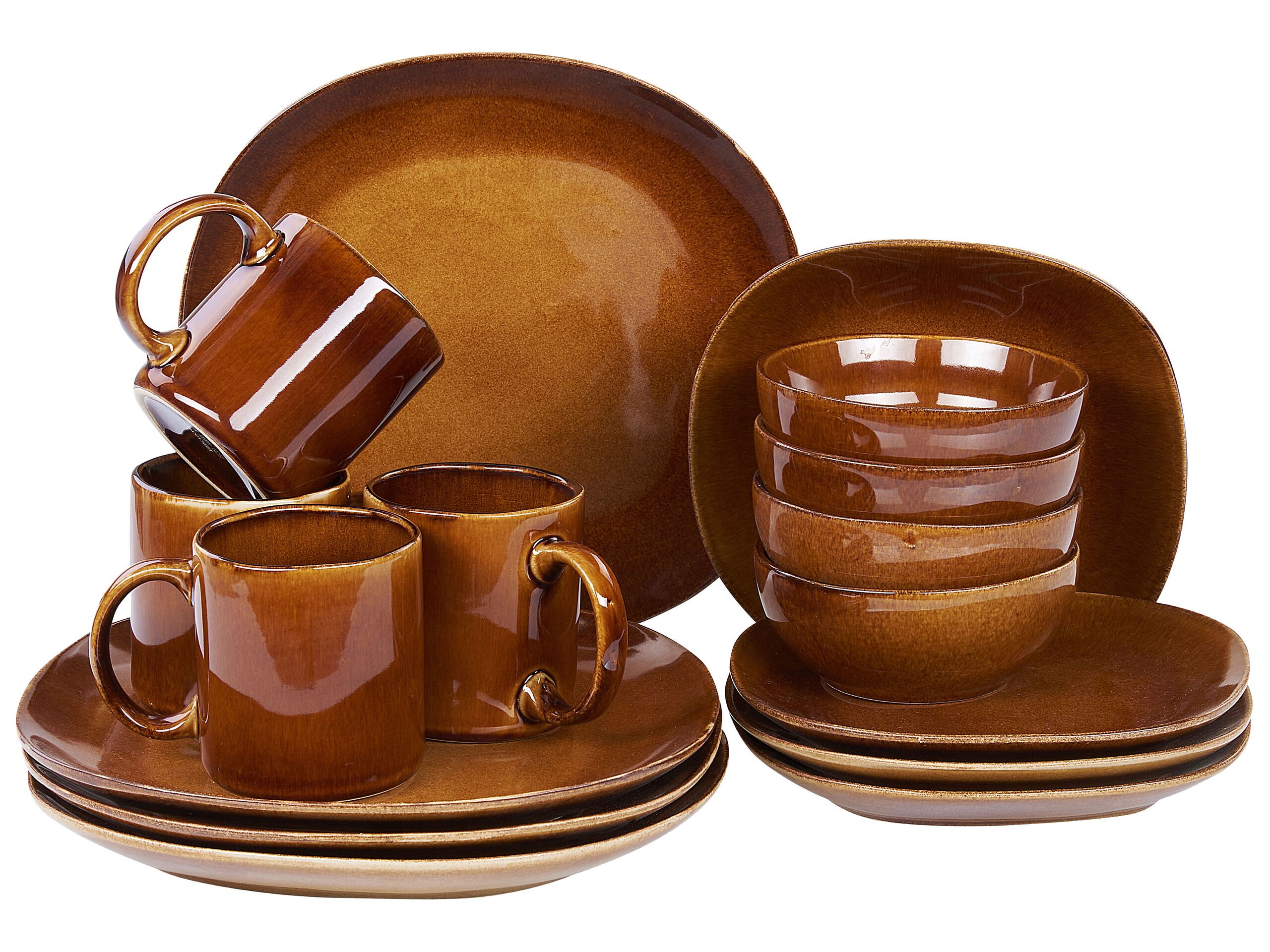 Set of 16 Stoneware Dinnerware Golden Brown TURMERIC - Gemini Interiors