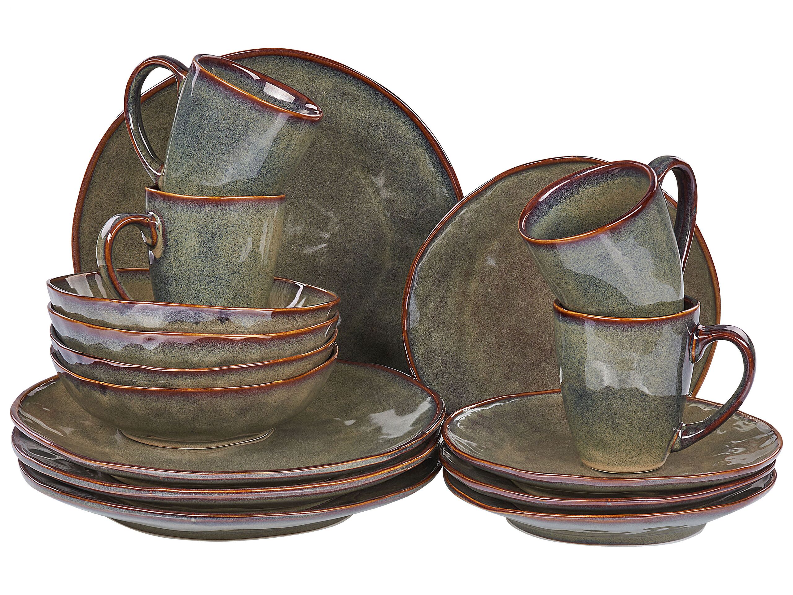 Set of 16 Stoneware Dinnerware Dark Green THYME - Gemini Interiors
