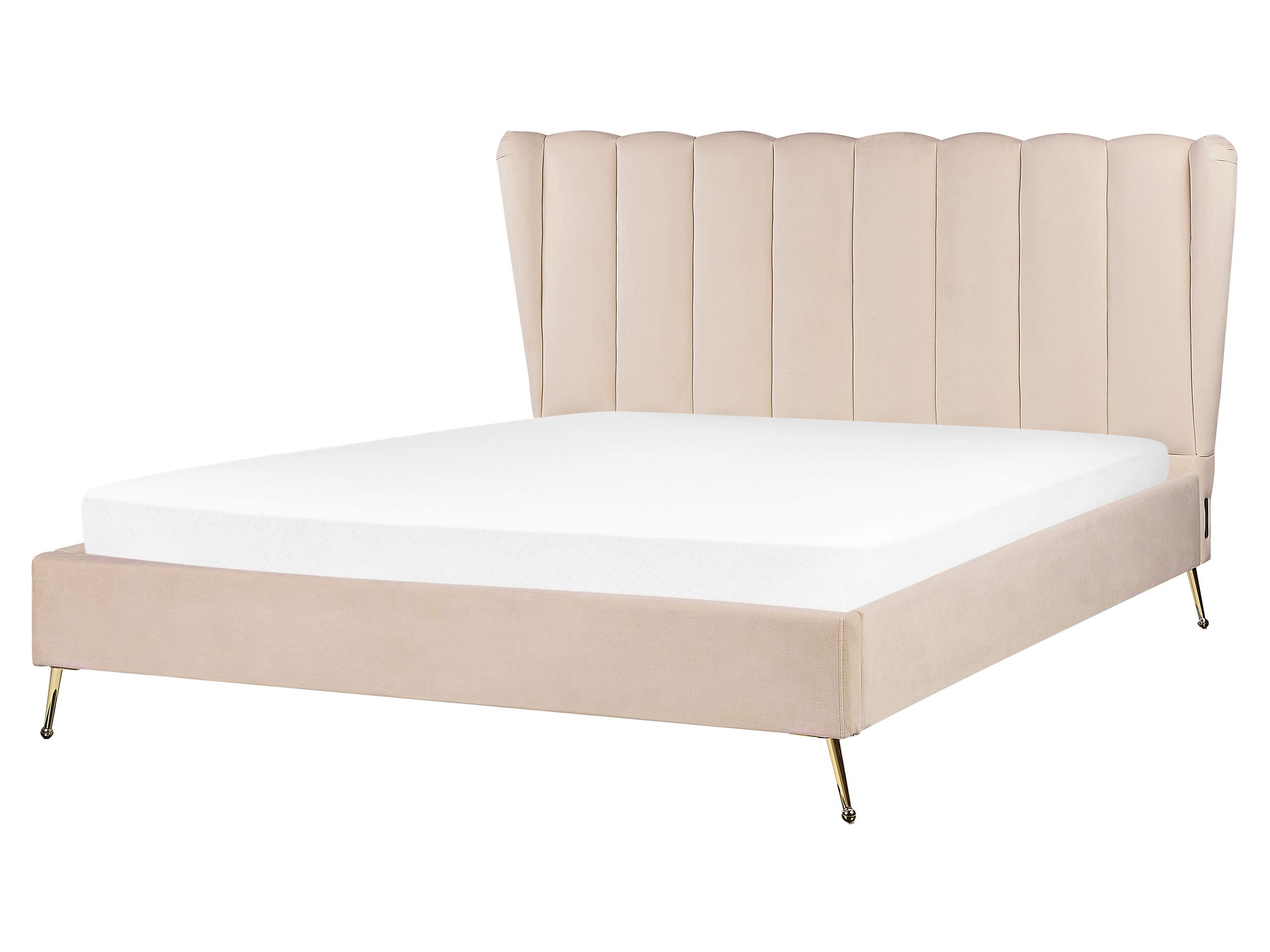 Velvet EU King Size Bed with USB Port Beige MIRIBEL - Gemini Interiors