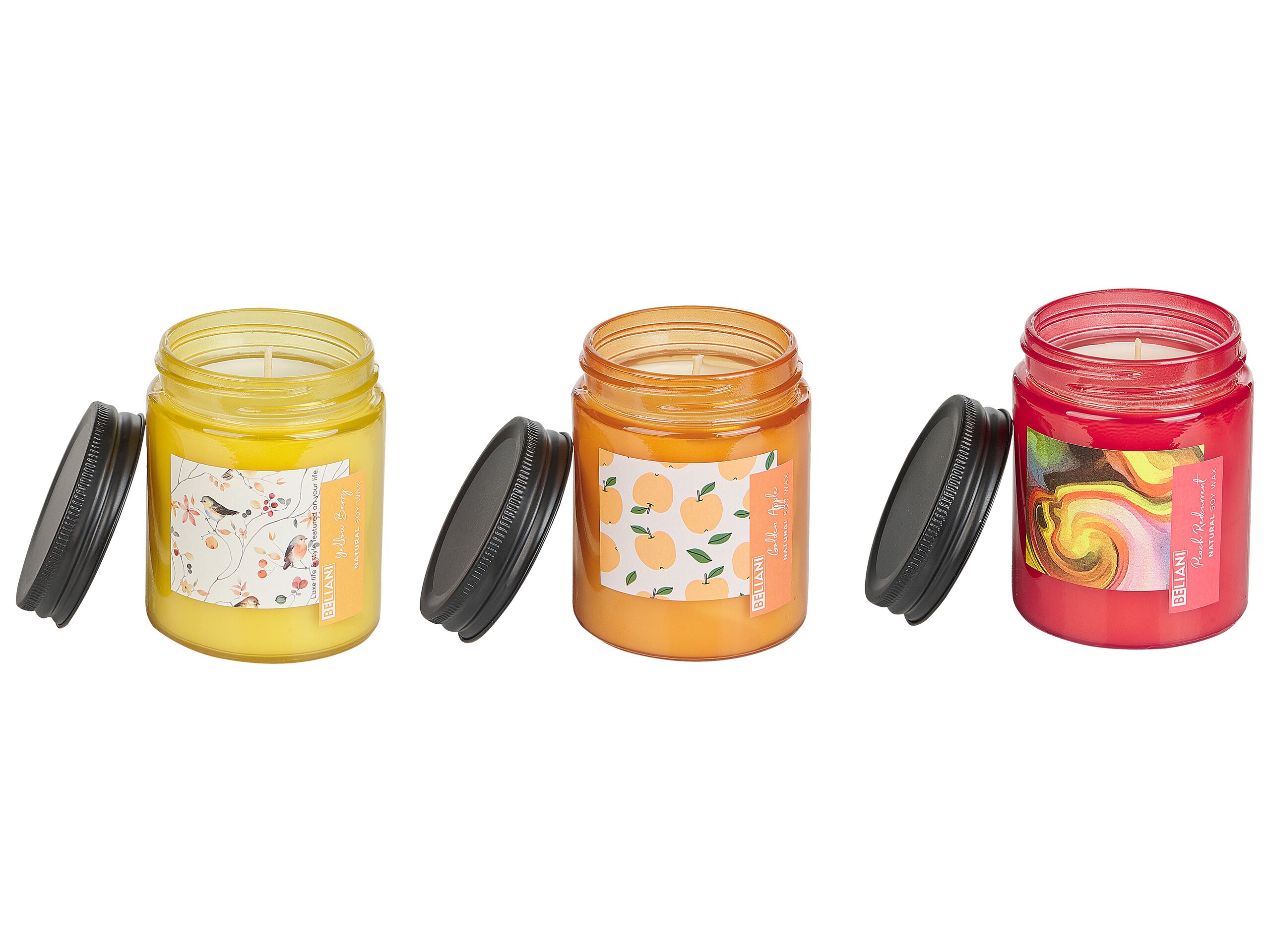 3 Soy Wax Scented Candles Peach Redcurrant / Yellow Berry / Golden Apple - Gemini Interiors
