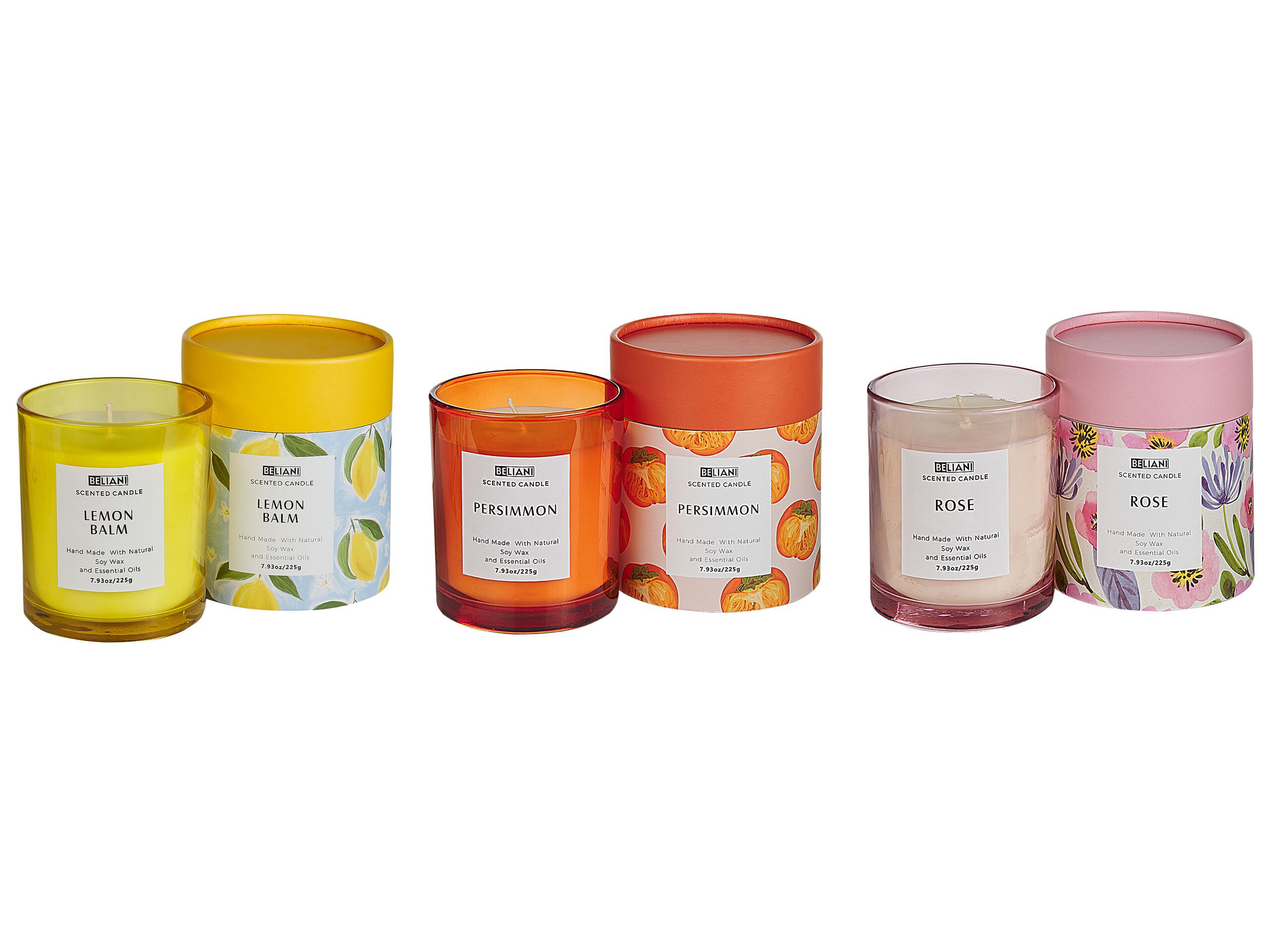 3 Soy Wax Scented Candles Rose / Persimmon / Lemon Balm - Gemini Interiors