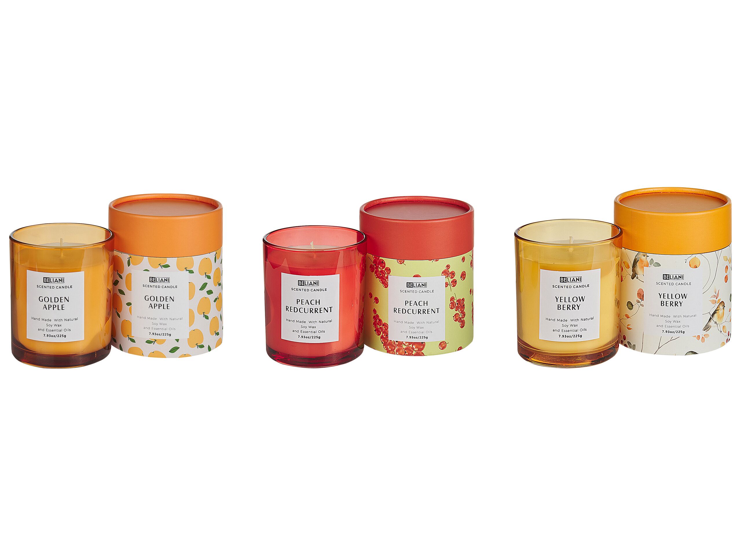3 Soy Wax Scented Candles Peach Redcurrant / Yellow Berry / Golden Apple - Gemini Interiors
