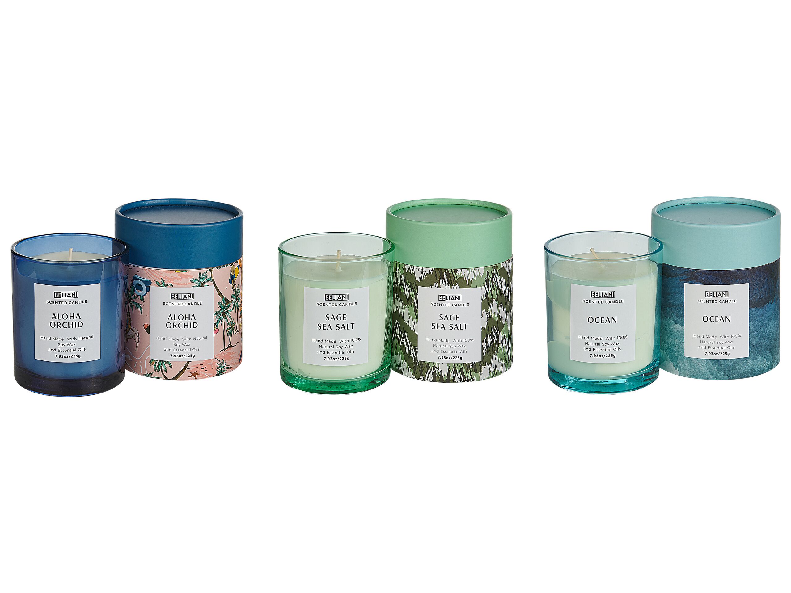 3 Soy Wax Scented Candles Sage Sea Salt / Ocean / Aloha Orchid - Gemini Interiors