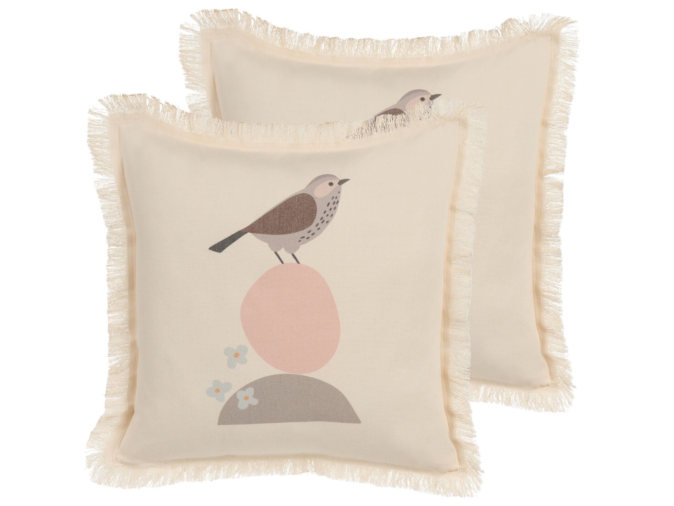Set of 2 Fringed Cushions Bird Motif 60x60cm Beige - Gemini Interiors
