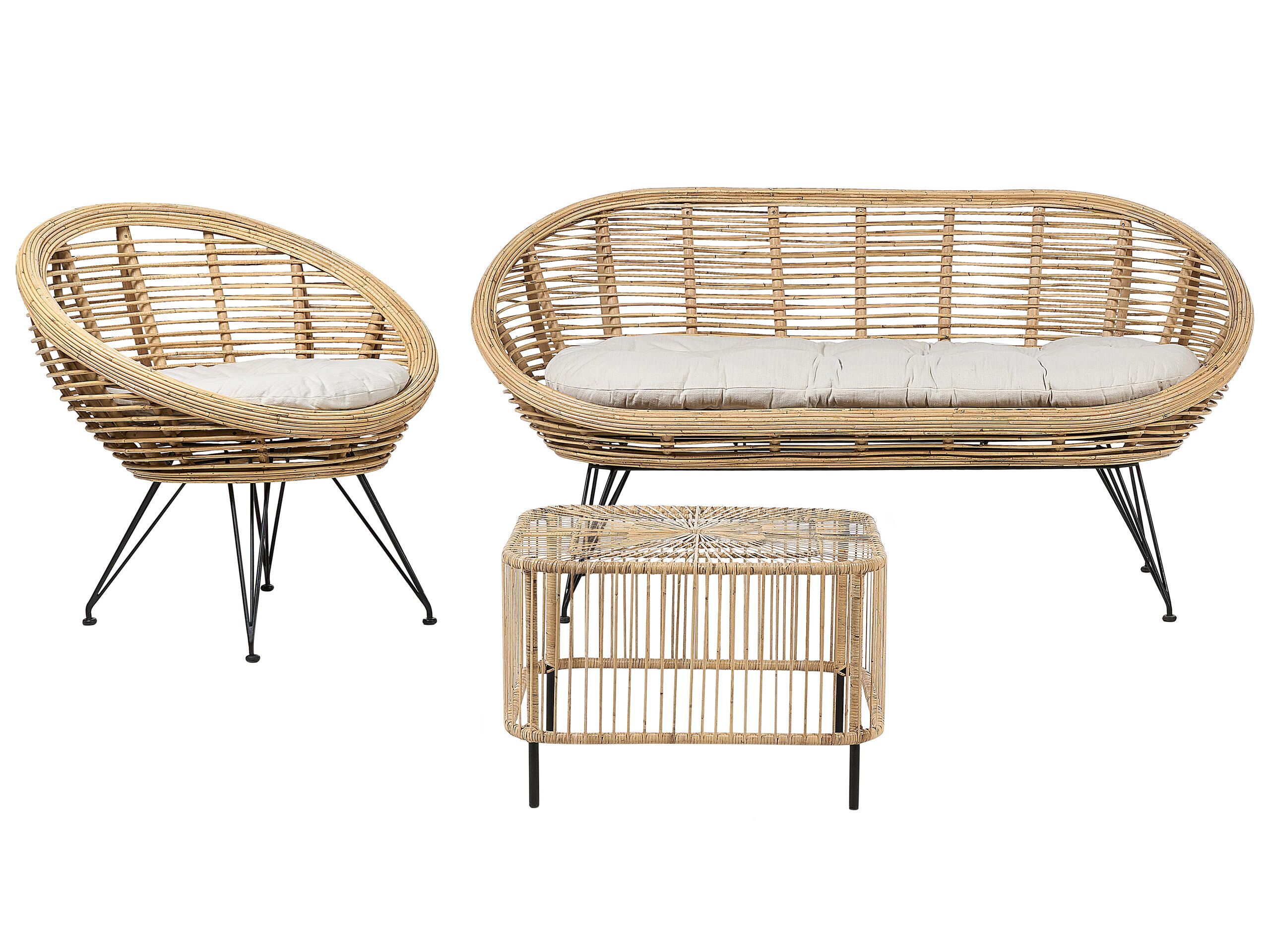 3 Seater Rattan Sofa Set with Coffee Table Natural MARATEA/ CESENATICO - Gemini Interiors