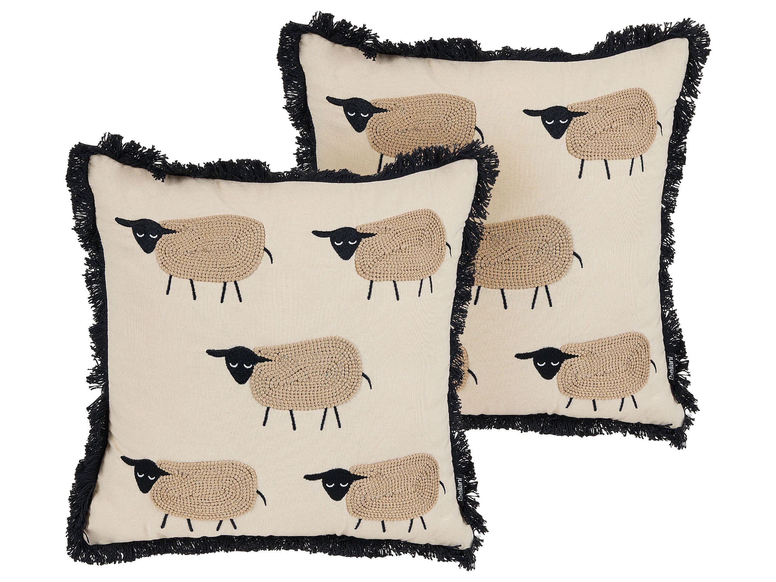 Set of 2 Fringed Cushions Sheep Motif 45x45cm Beige - Gemini Interiors