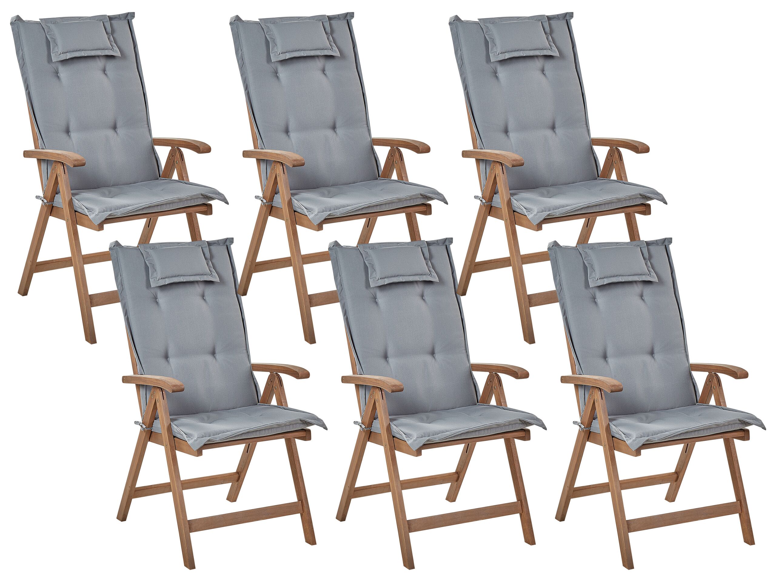 Set of 6 Acacia Wood Garden Folding Chairs Dark Wood with Grey Cushions AMANTEA - Gemini Interiors