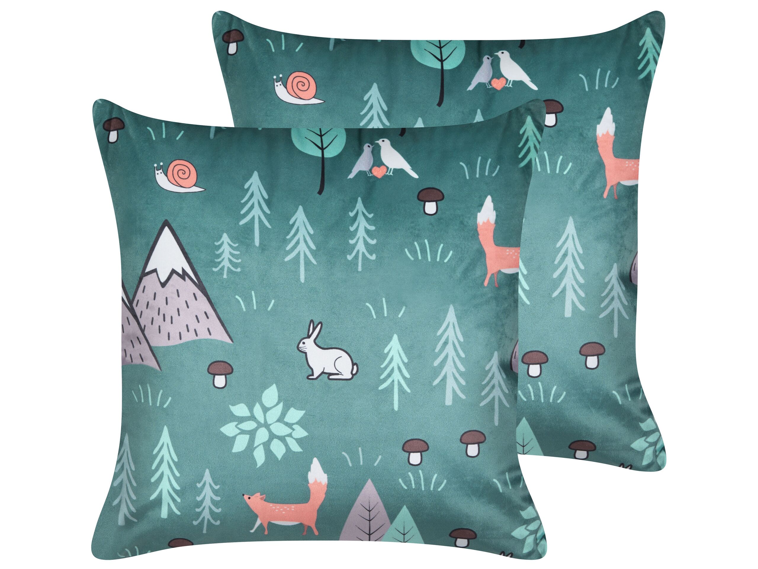 Set of 2 Velvet Kids Cushions Forest Motif 45x45cm Mint Green - Gemini Interiors