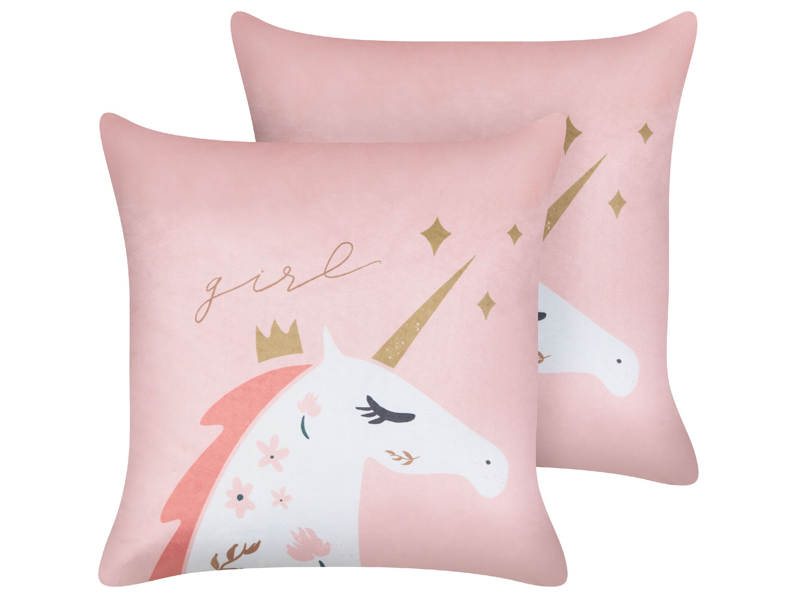 Set of 2 Velvet Kids Cushions Unicorn Motif 45x45cm Pink - Gemini Interiors