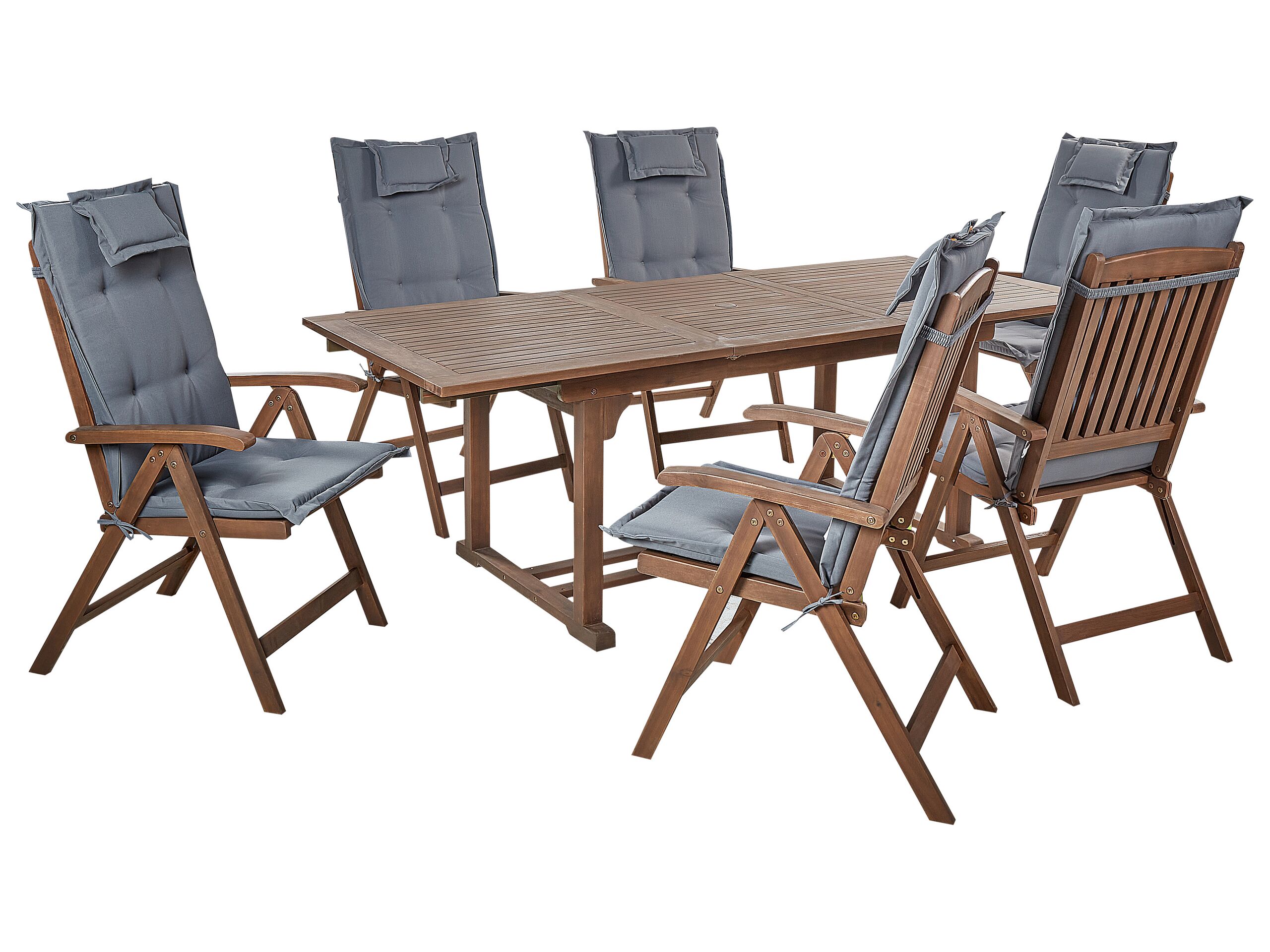 6 Seater Acacia Wood Garden Dining Set with Grey Cushions AMANTEA - Gemini Interiors