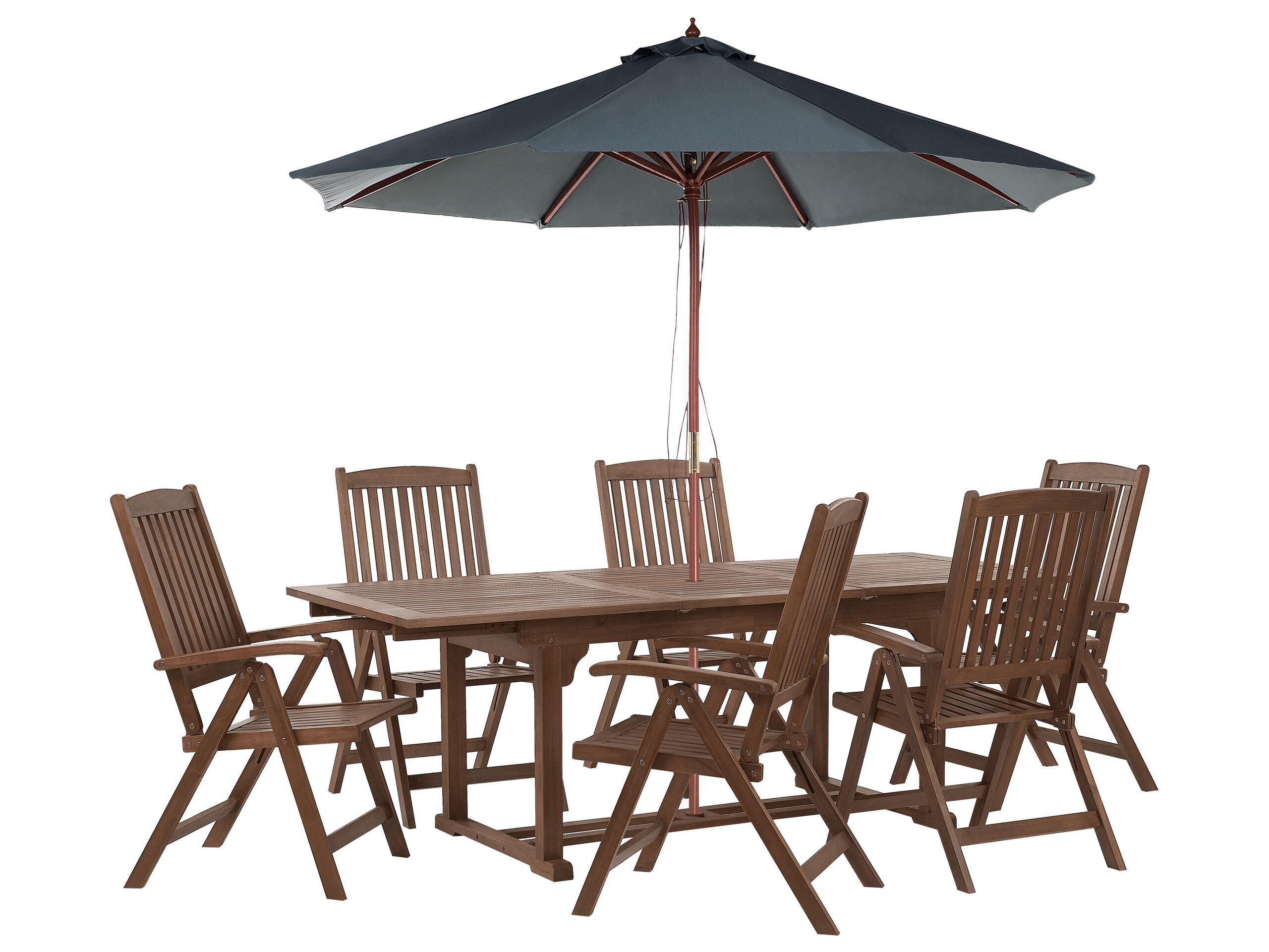 6 Seater Acacia Wood Garden Dining Set with Grey Parasol AMANTEA - Gemini Interiors