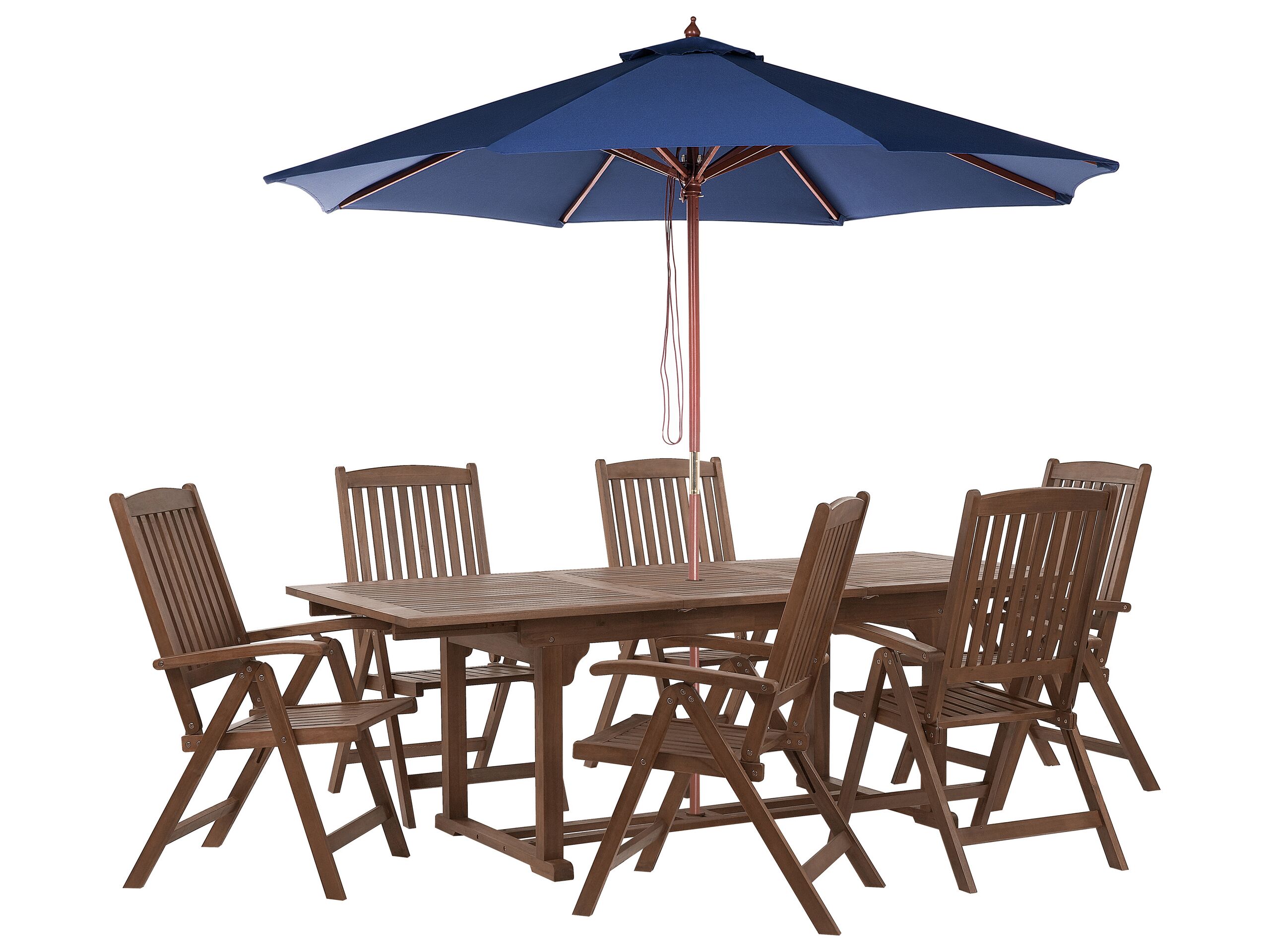 6 Seater Acacia Wood Garden Dining Set with Blue Parasol AMANTEA - Gemini Interiors