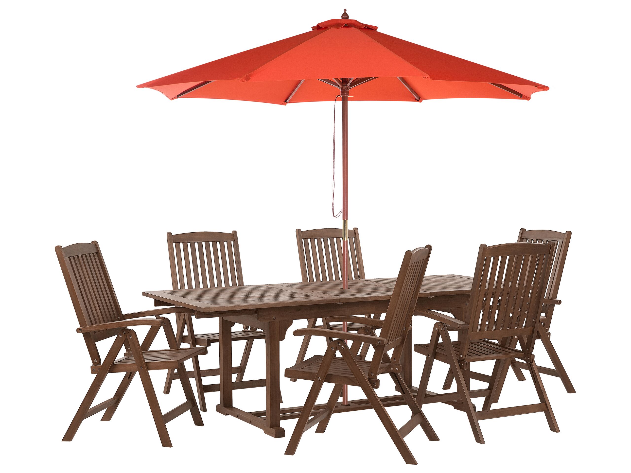 6 Seater Acacia Wood Garden Dining Set with Red Parasol AMANTEA - Gemini Interiors