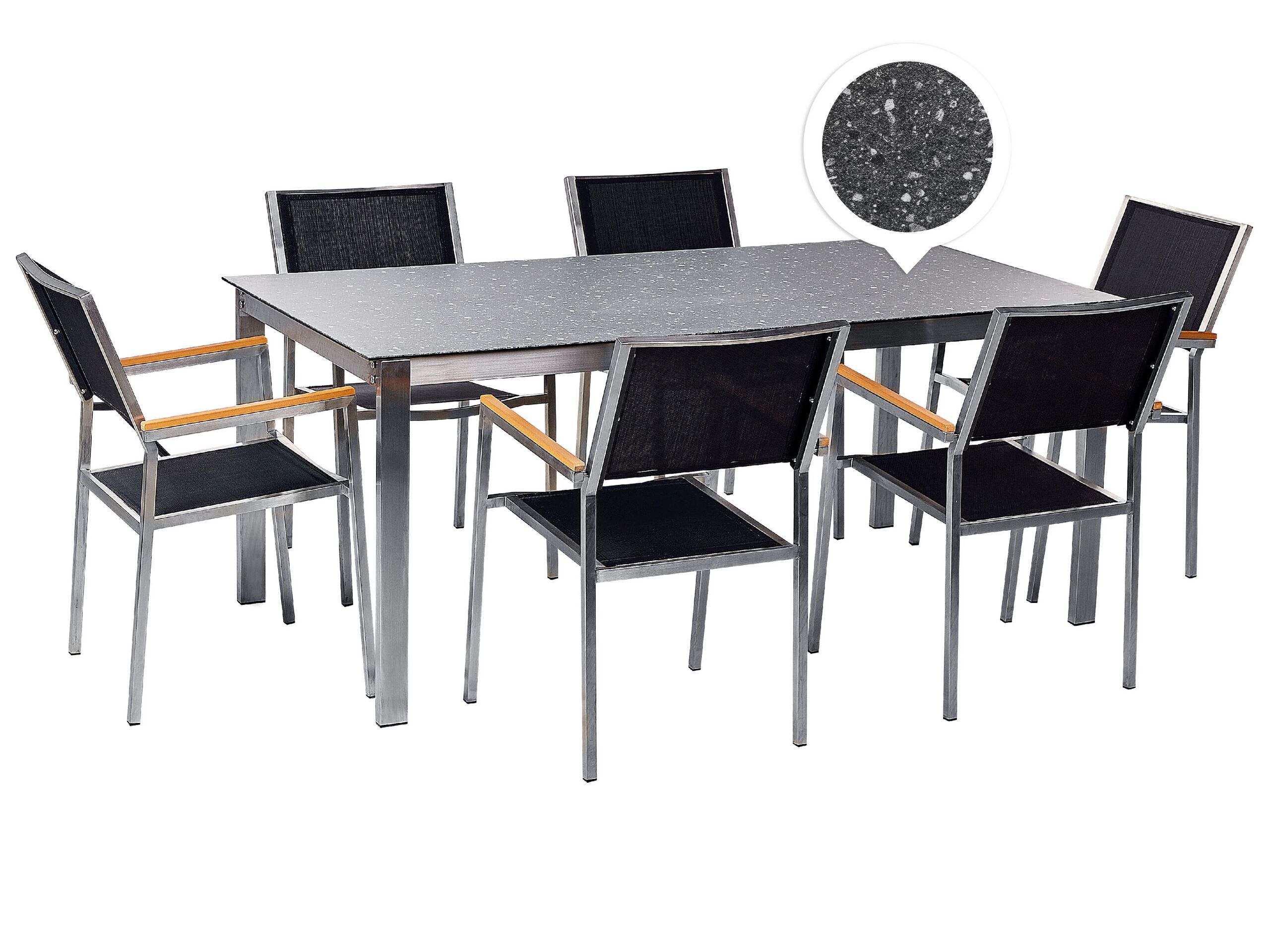 6 Seater Garden Dining Set Black Granite Effect Glass Top with Black Chairs COSOLETO/GROSSETO - Gemini Interiors