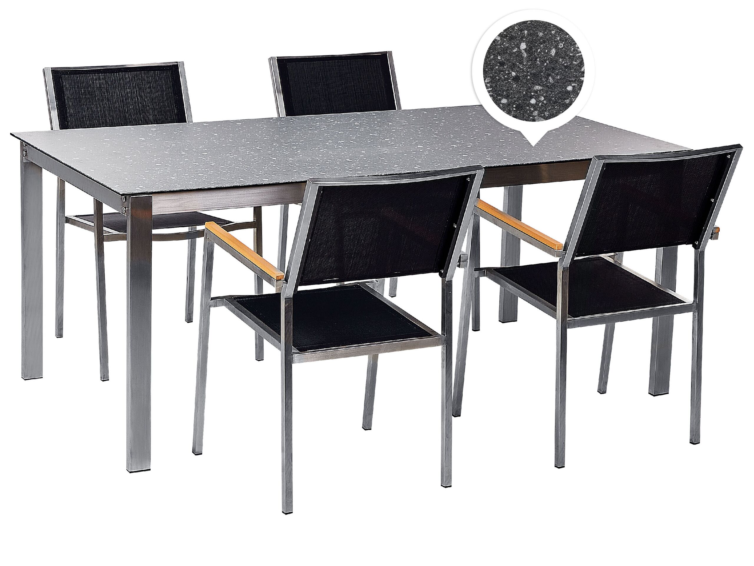 4 Seater Garden Dining Set Black Granite Effect Glass Top with Black Chairs COSOLETO/GROSSETO - Gemini Interiors