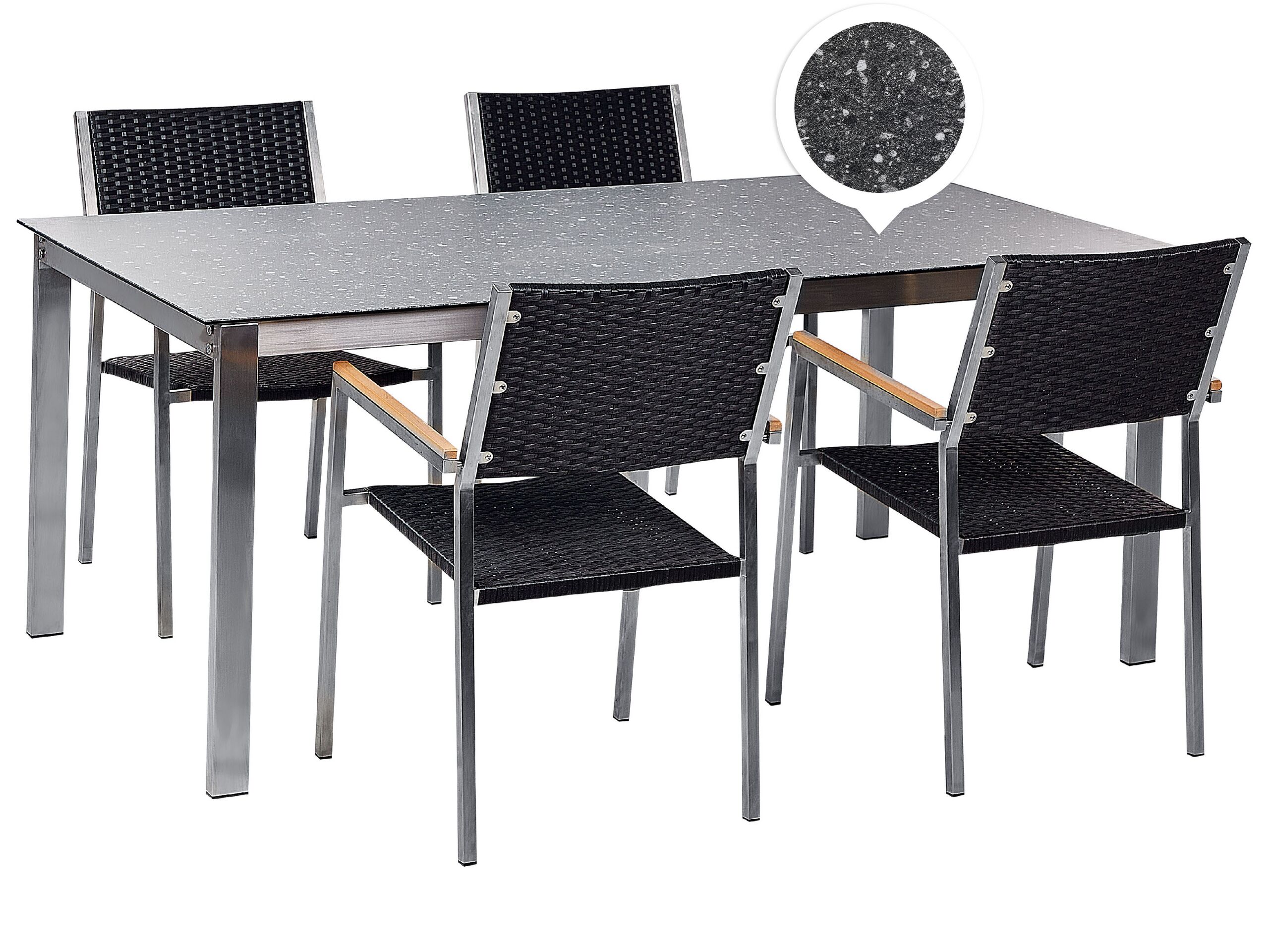 4 Seater Garden Dining Set Black Granite Effect Glass Top with PE Rattan Black Chairs COSOLETO/GROSSETO - Gemini Interiors