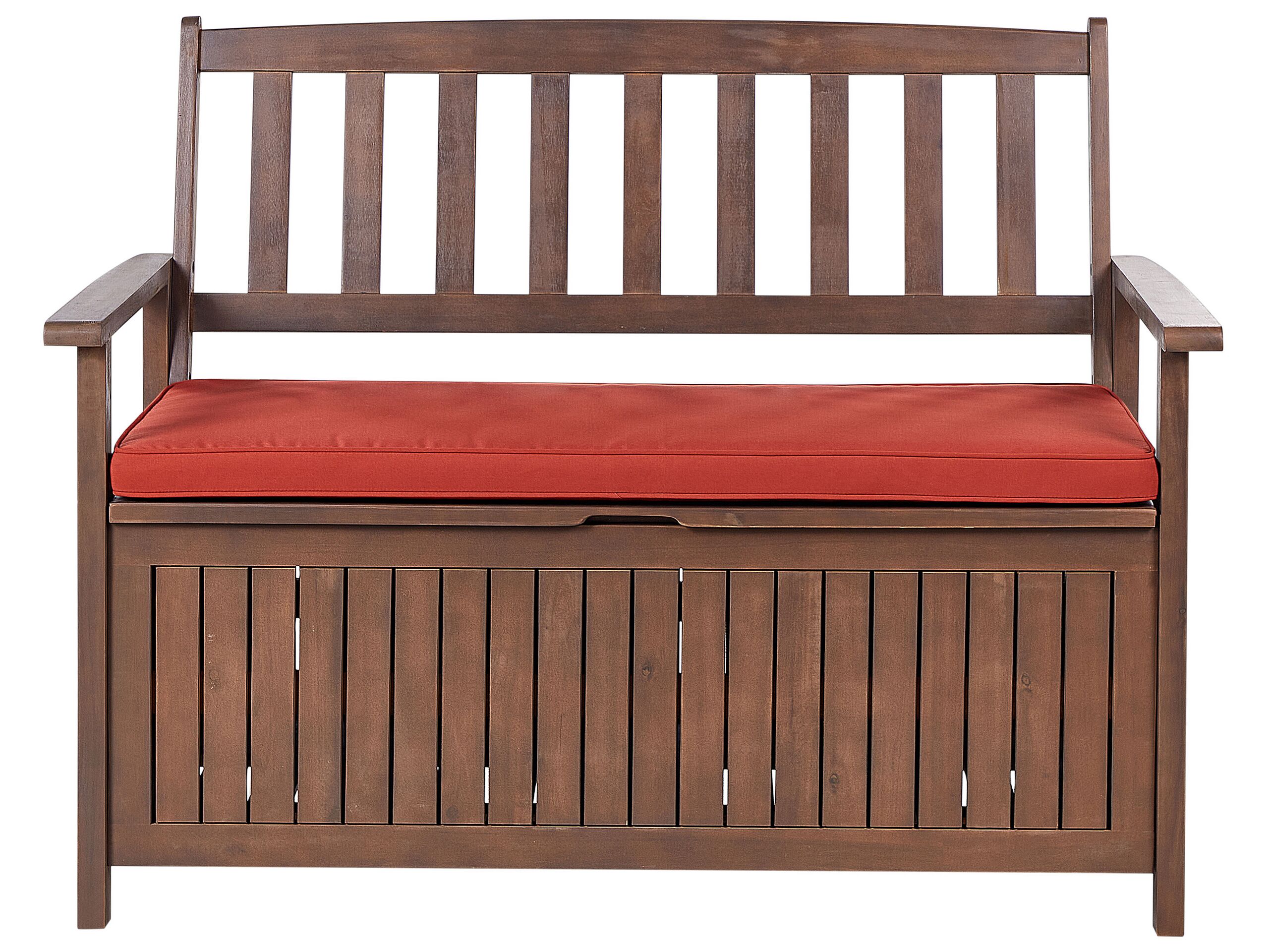 Acacia Wood Garden Bench with Storage 120 cm Dark with Red Cushion SOVANA - Gemini Interiors