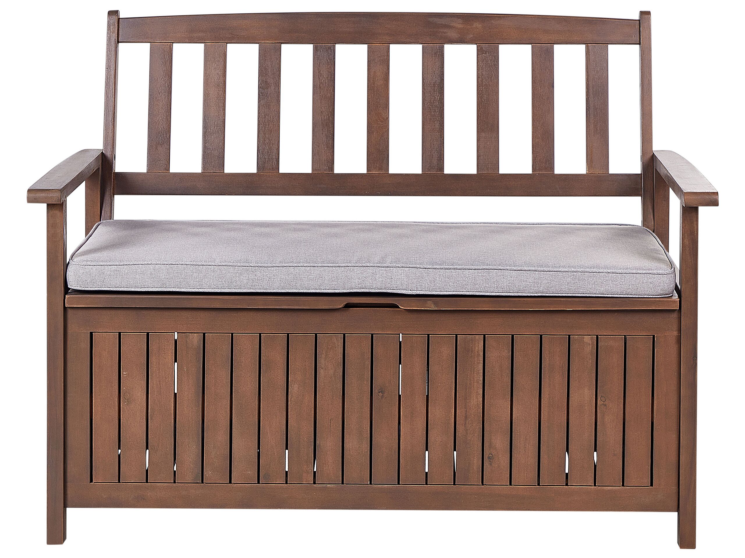 Acacia Wood Garden Bench with Storage 120 cm Dark with Grey Cushion SOVANA - Gemini Interiors