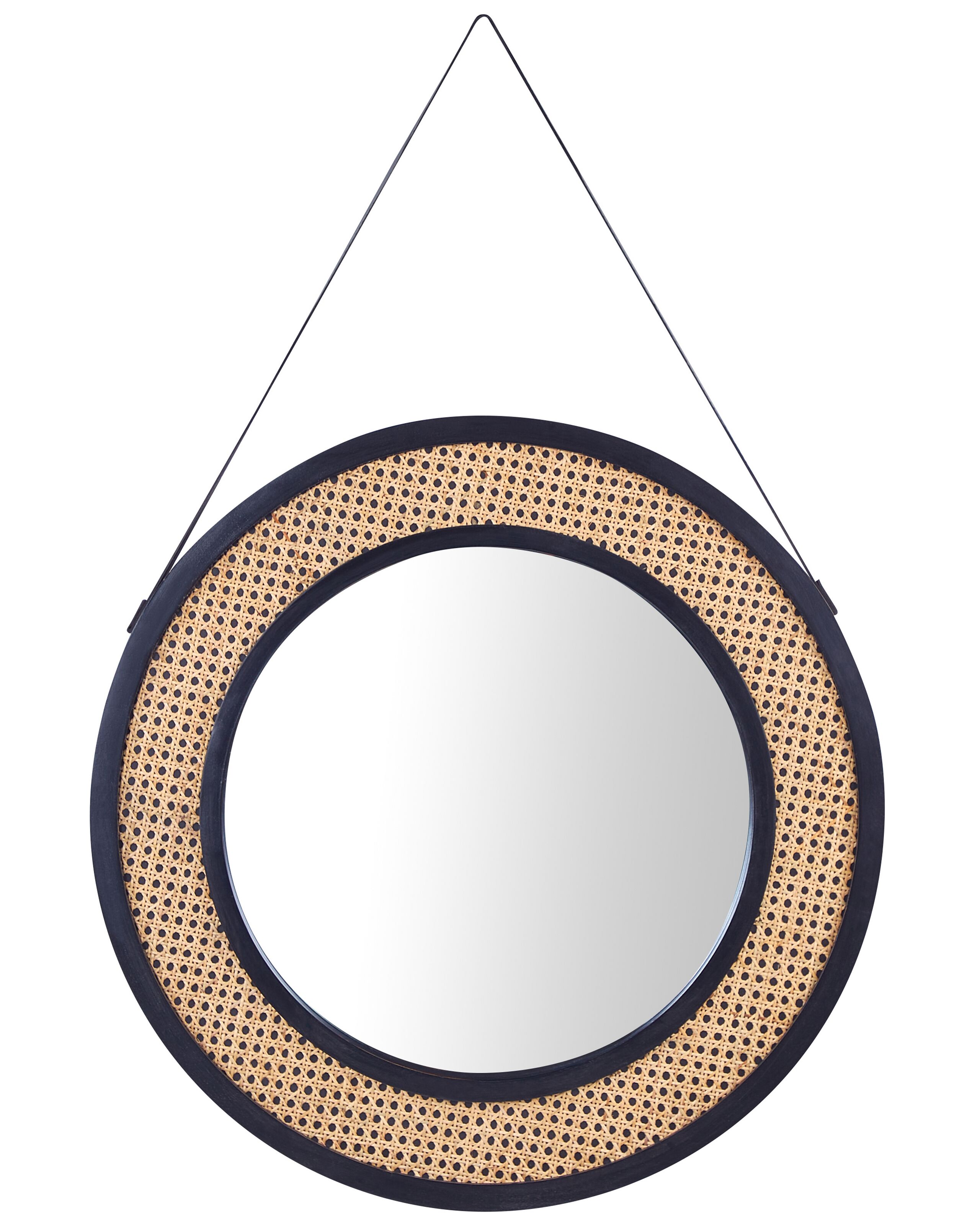 Round Rattan Wall Mirror with Strap 70cm Light - Gemini Interiors